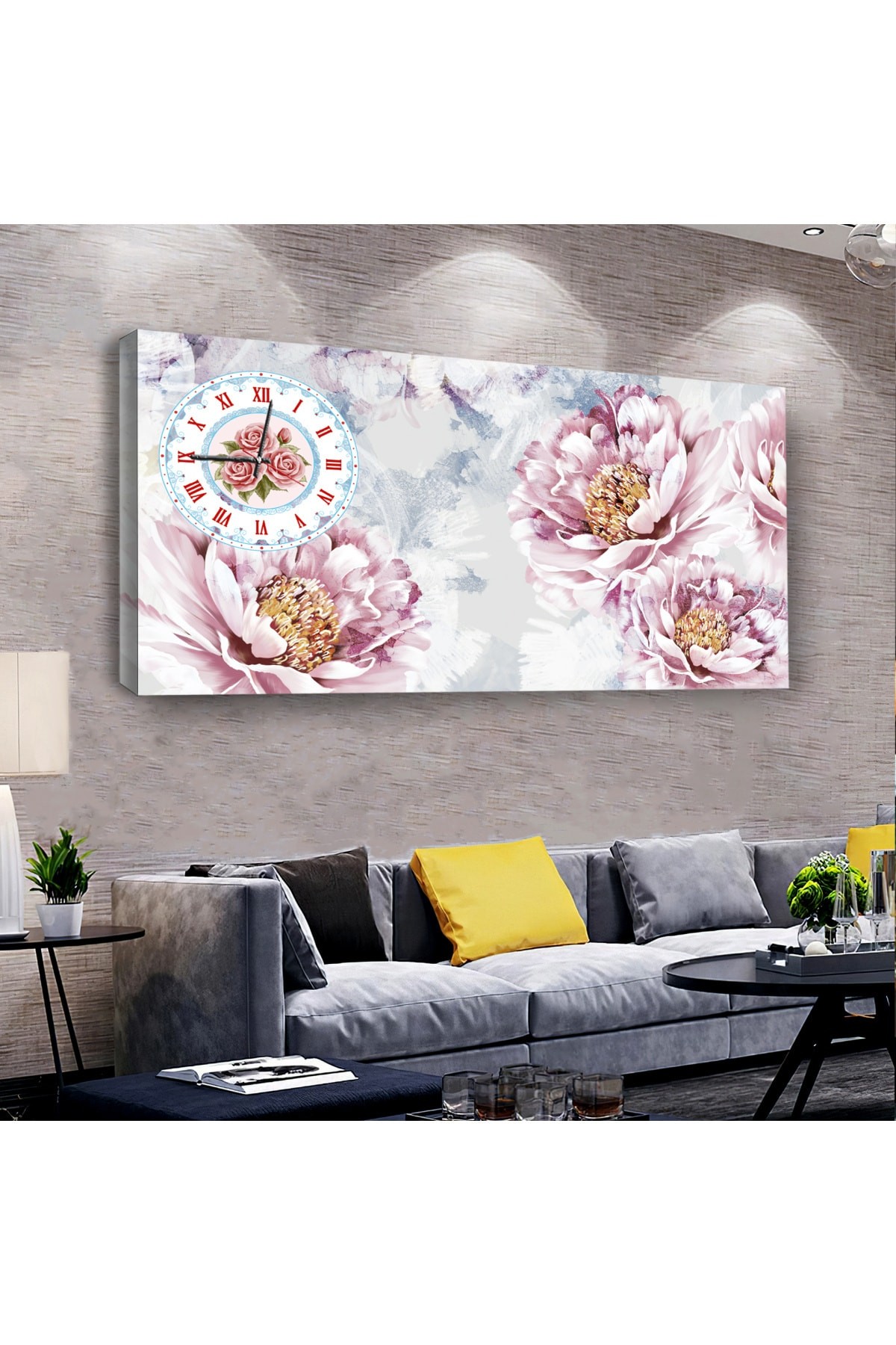 Gül saatliAhşap Şase Dijital Baskı Kanvas Tablo 100X50Cm