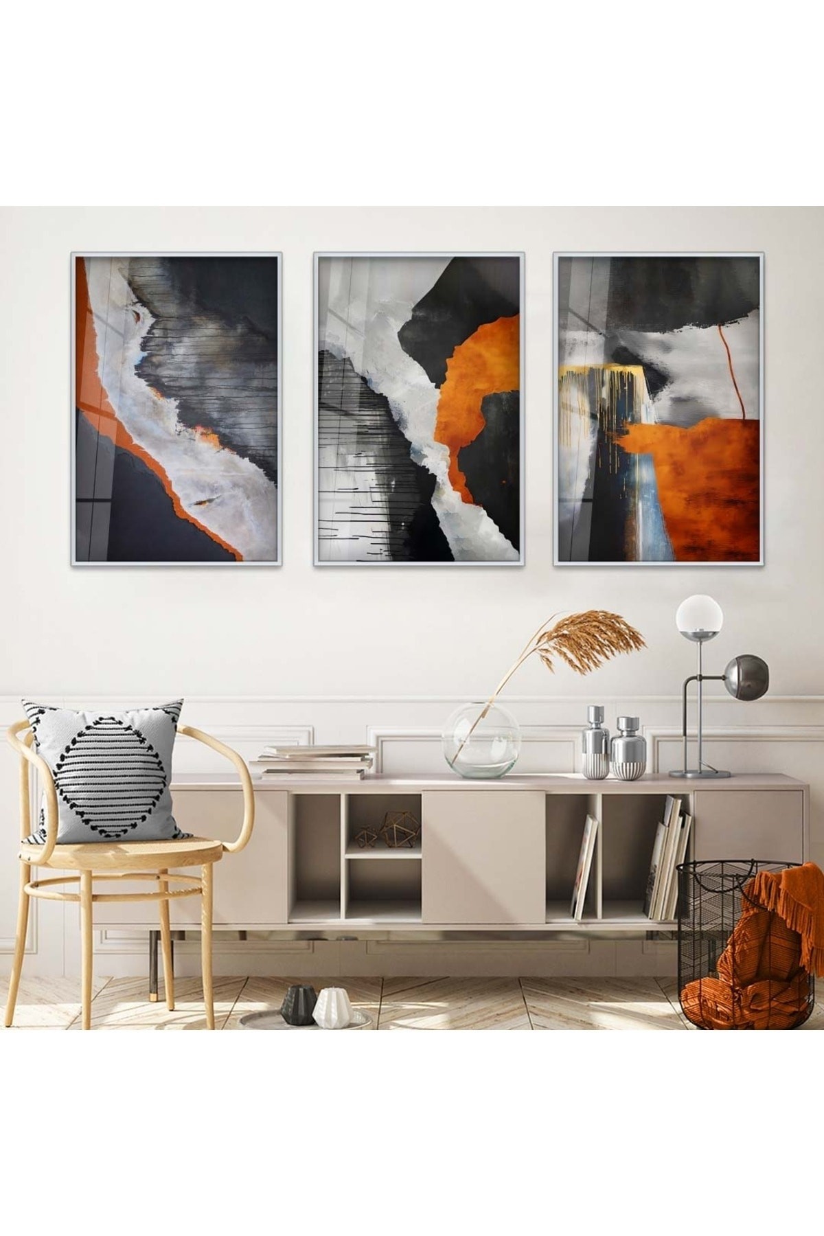 Minimalist Tablo Soyut Desen 3'Lü Metal Çerçeveli UV Baskı Kırılmaz Cam Tablo Seti