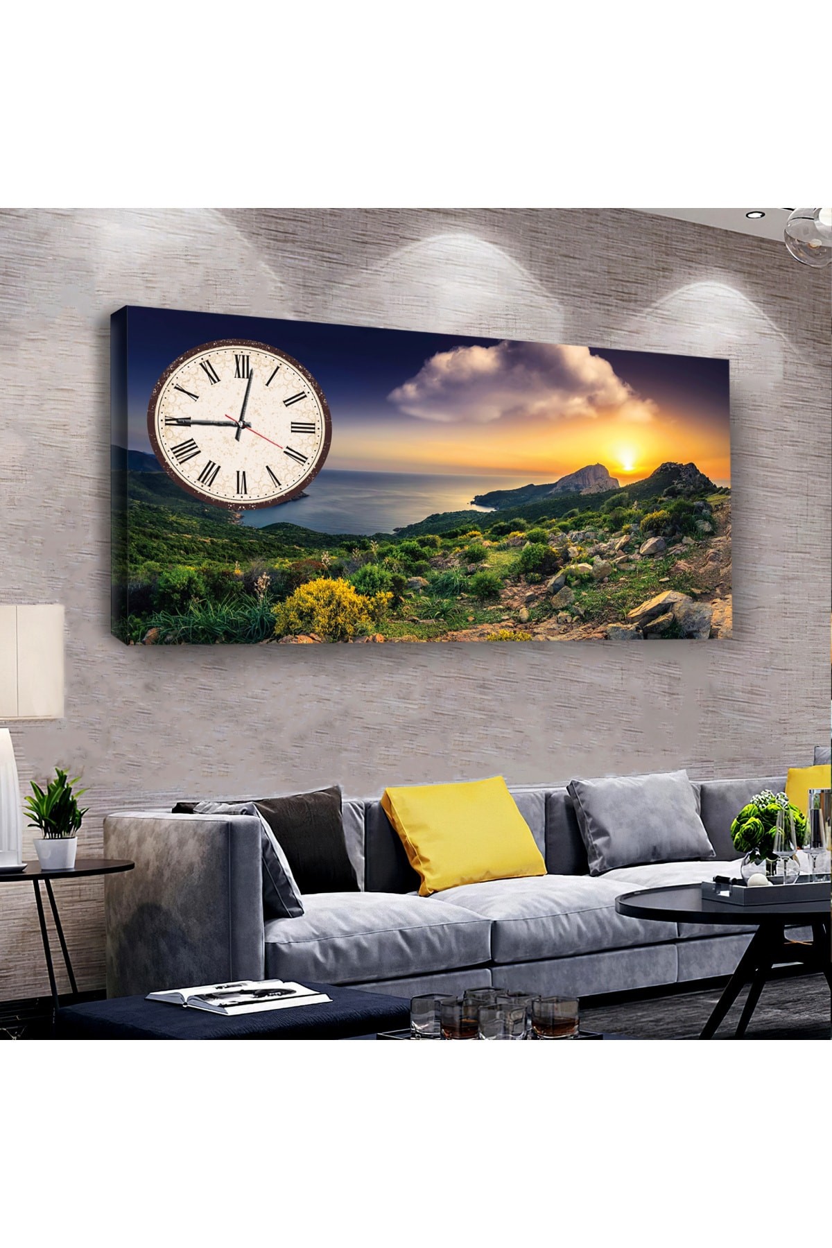 Sanat Tablosu Doğa Manzara saatliAhşap Şase Dijital Baskı Kanvas Tablo 100X50Cm