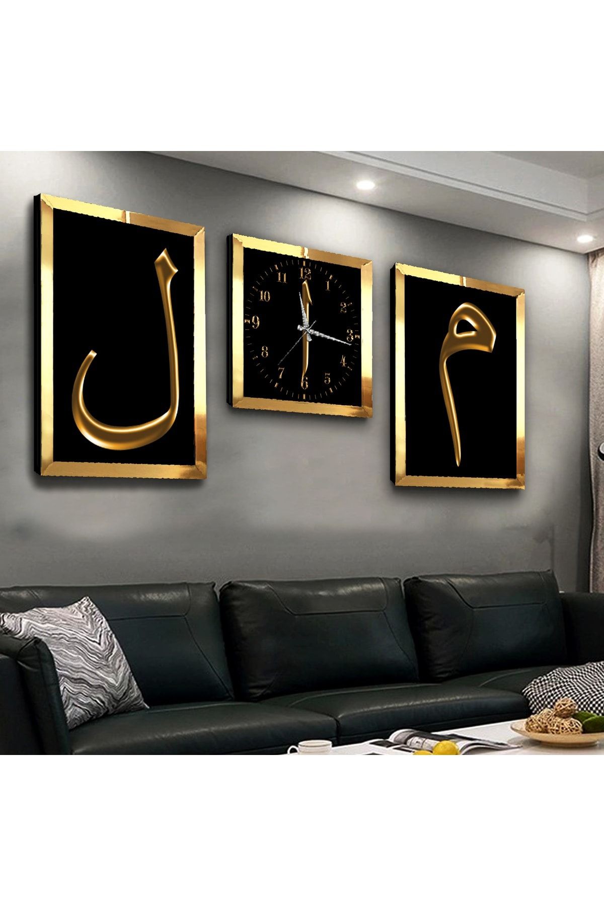 Gold Aynalı Pleksi Çerçeveli Lam Mim Üçlü Mdf Tablo Seti Ve Saat Seti