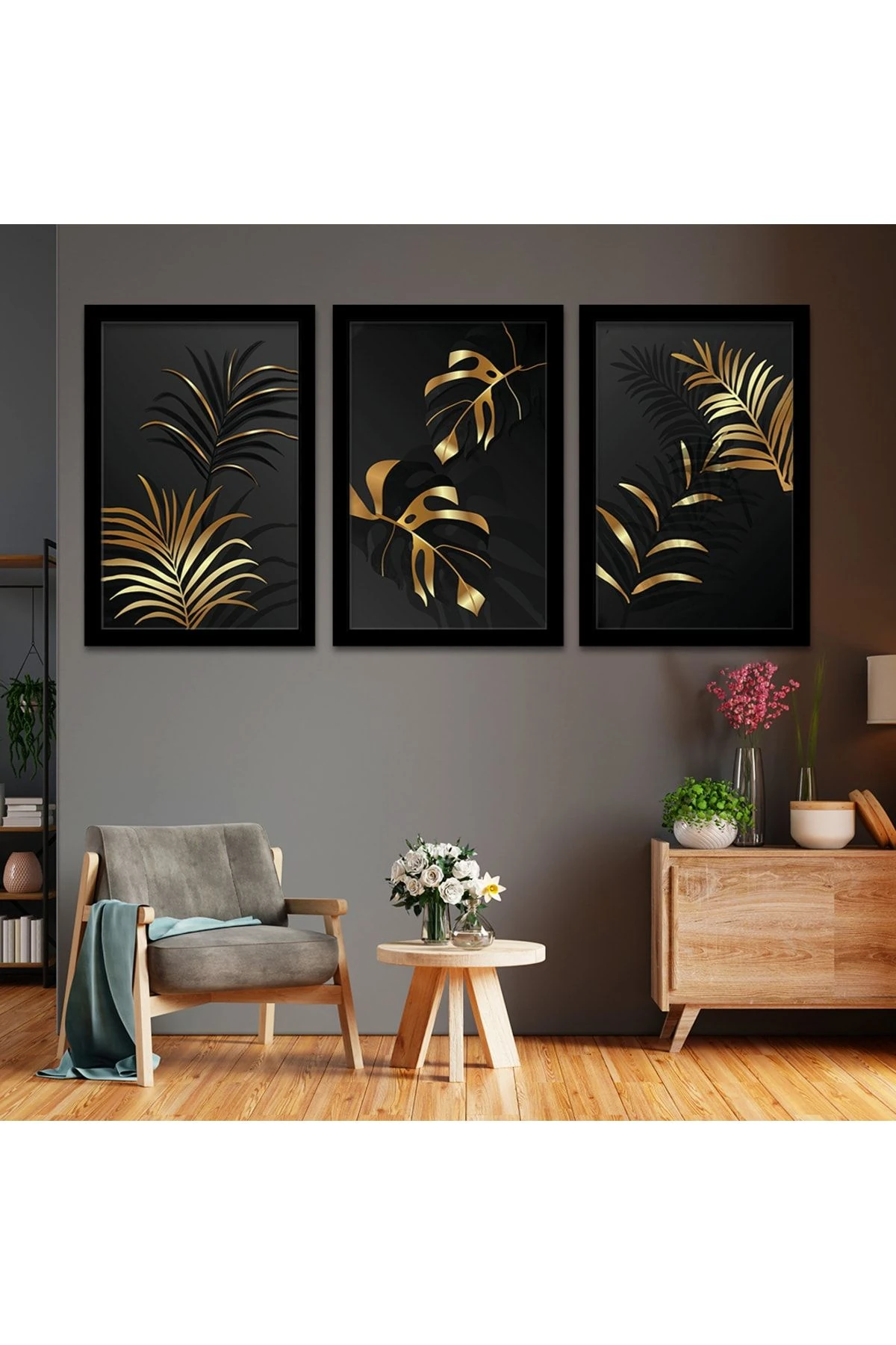 Siyah Ahşap Çerçeveli Kolaj Çizim Çiçek Tablo