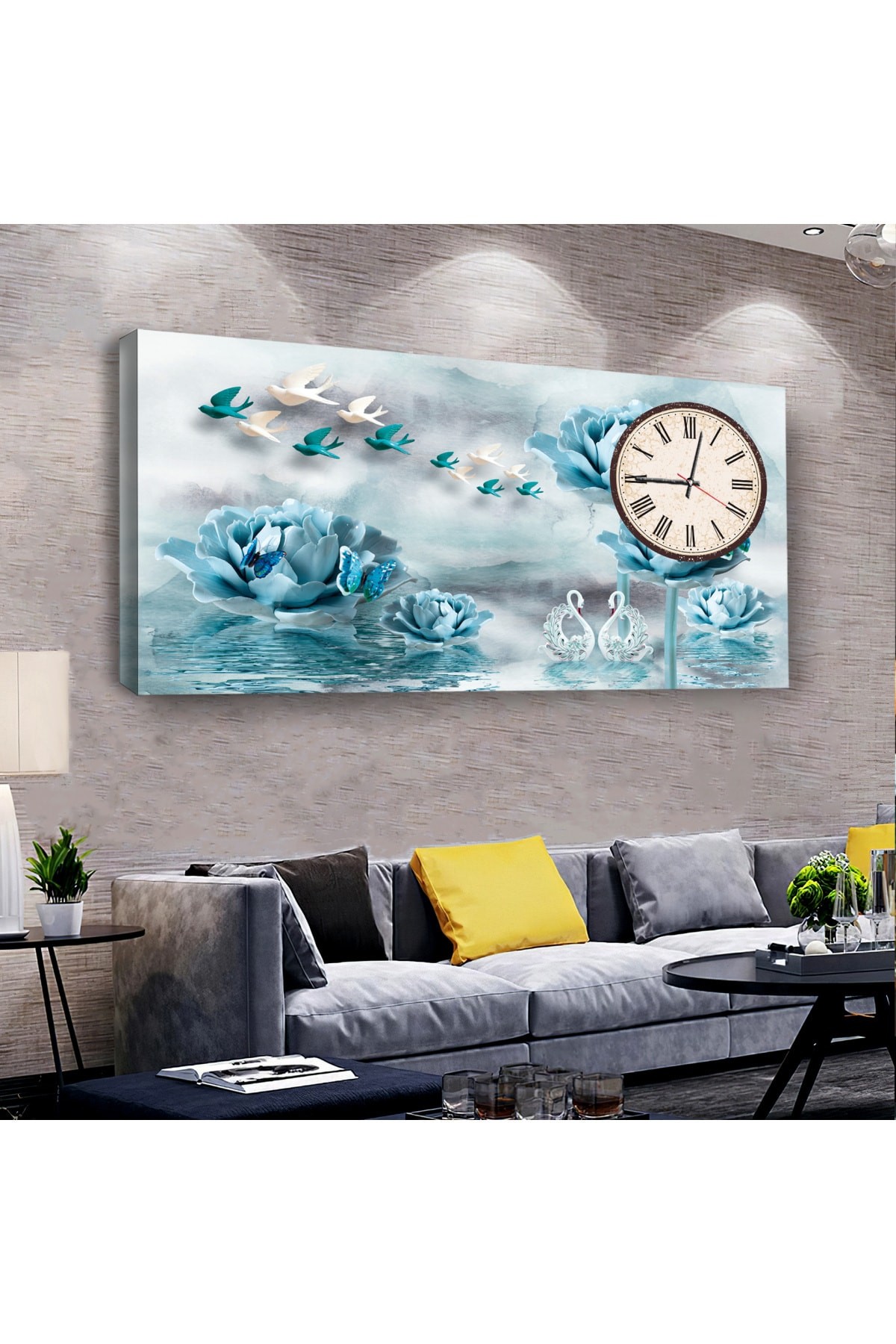Huzur Mavi Çiçek saatliAhşap Şase Dijital Baskı Kanvas Tablo 100X50Cm