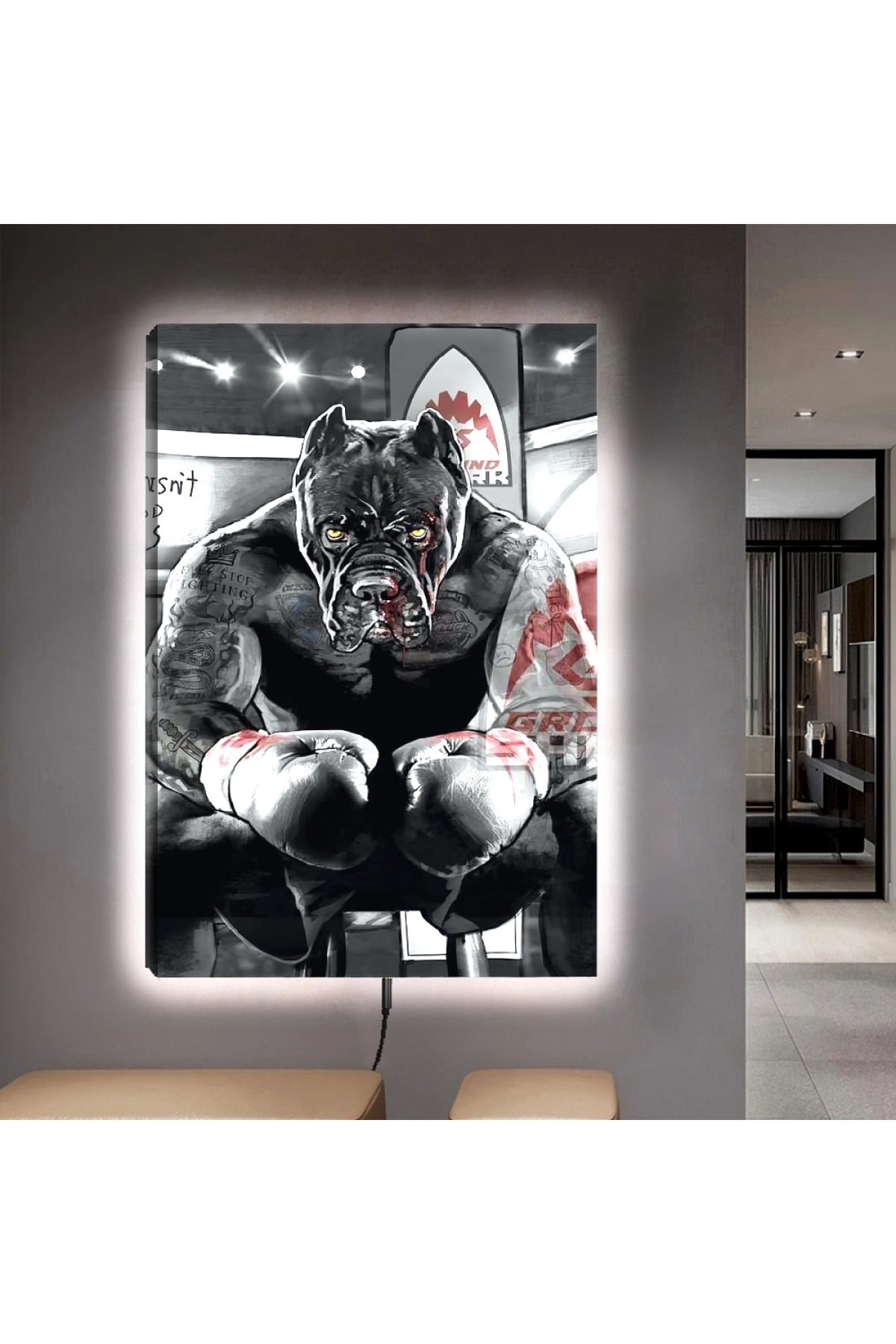 Ledli Güçlü Köpek Ahşap Şase Dijital Baskı Kanvas Tablo 90X60Cm