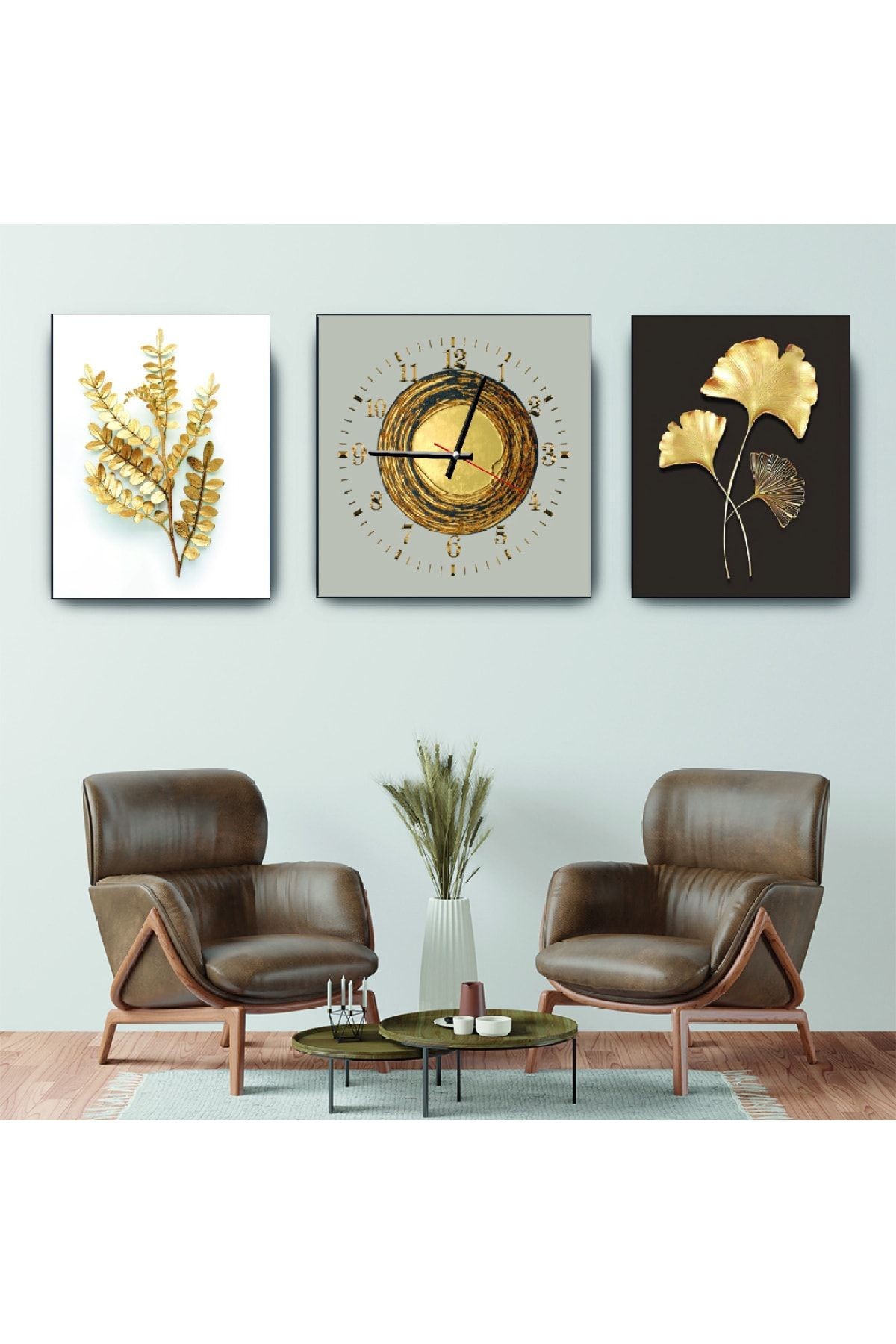 Altın Çiçek Mdf Tablo Ve Saat Kombin