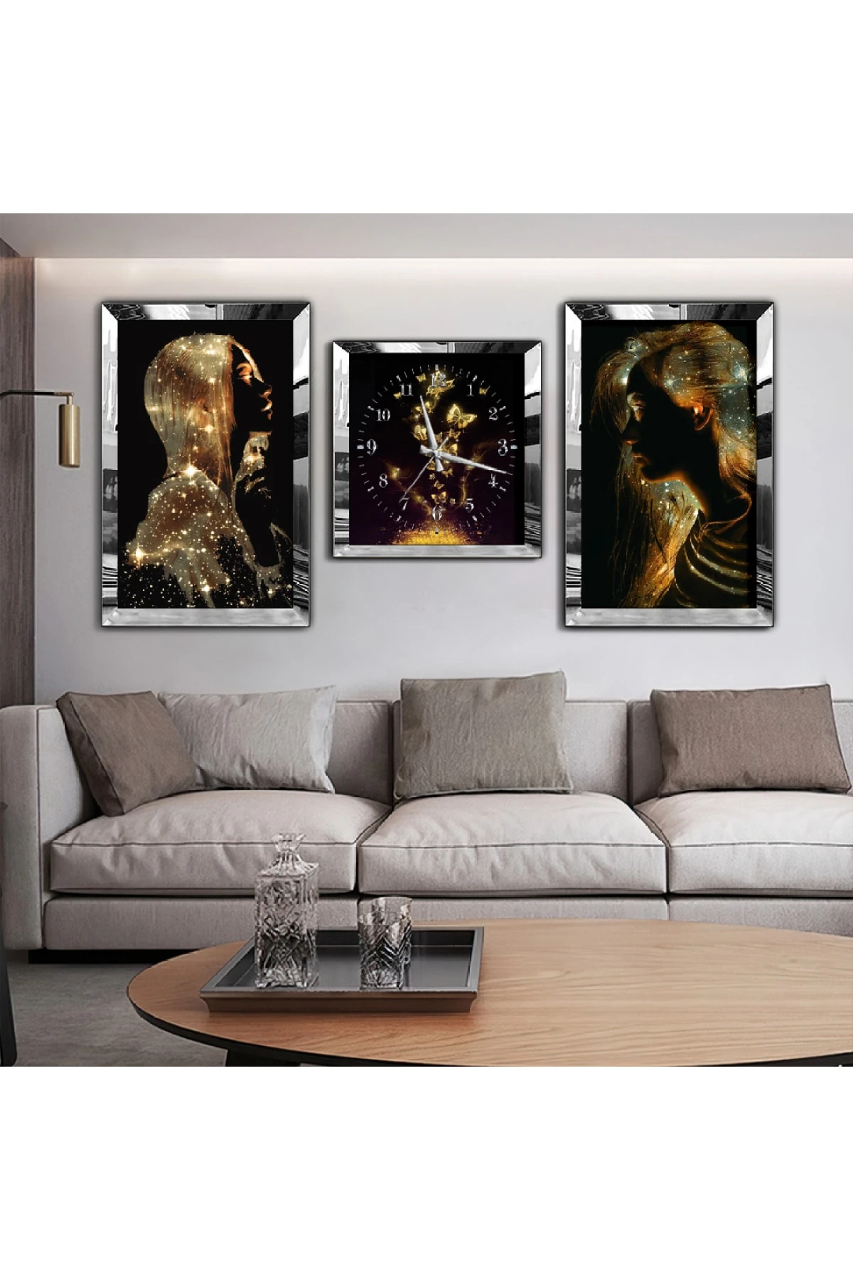 Salon Tablosu Altın Kız Aynalı Gold Pleksi Çerçeveli MDF Tablo Ve Saat Seti