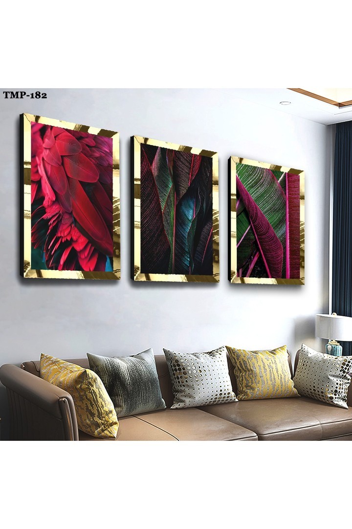Kırmızı Bitki Gold Pleksili Saat Ve Solmaz MDF Tablo