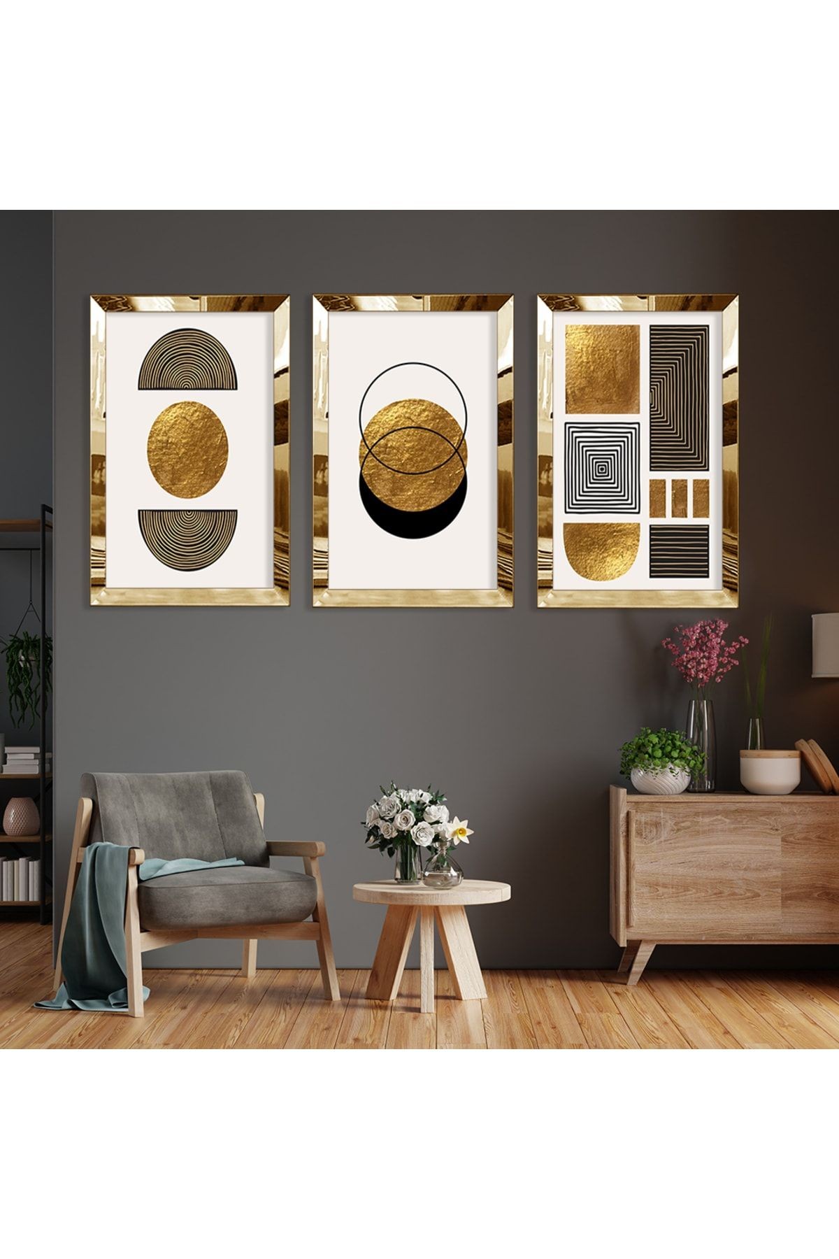 Soyut Desen Şekiller Gold Pleksi Kenar Üçlü Mdf Tablo Seti
