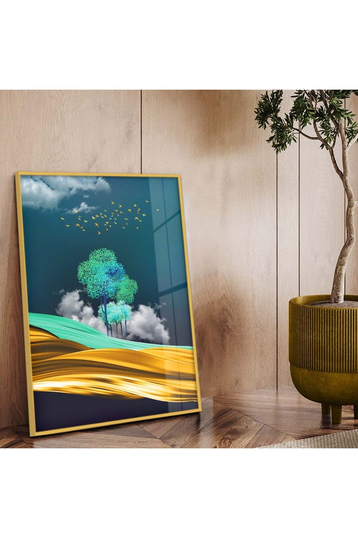 Gold Metal Çerçeveli Modern Çizim Doğa Tema Kırılmaz Cam Tablo