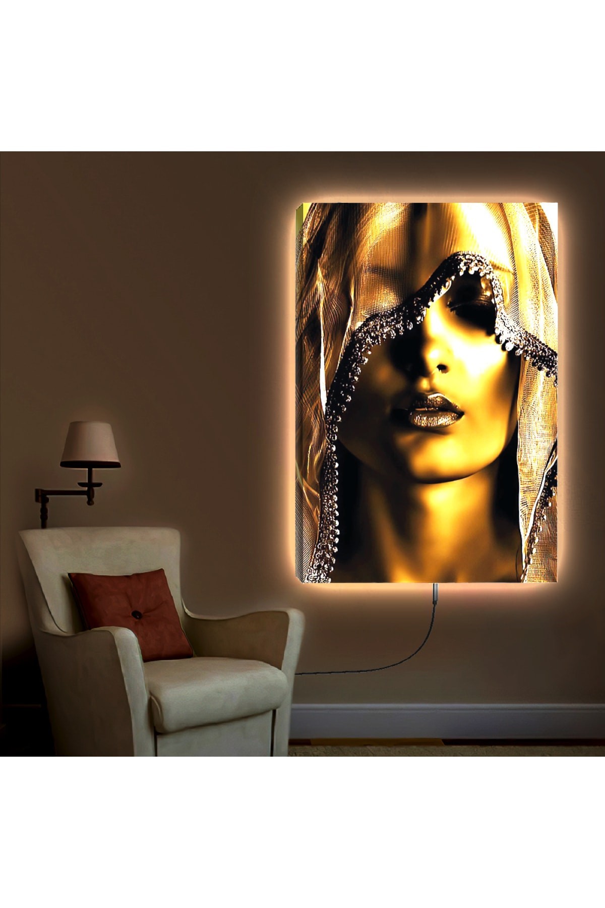 Minimal Ledli Altın Kız Ahşap Şase Dijital Baskı Kanvas Tablo 90X60Cm