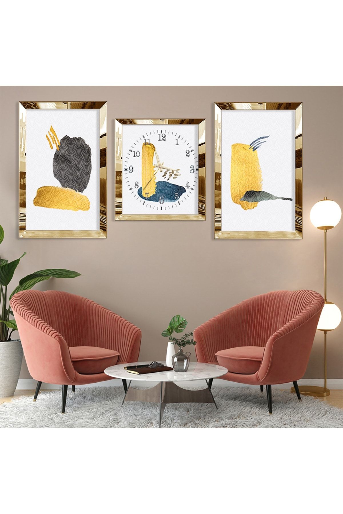 Gold Aynalı Pleksi Çerçeveli Soyut Desen Şekiller Gold Üçlü Mdf Tablo Seti Ve Saat Seti