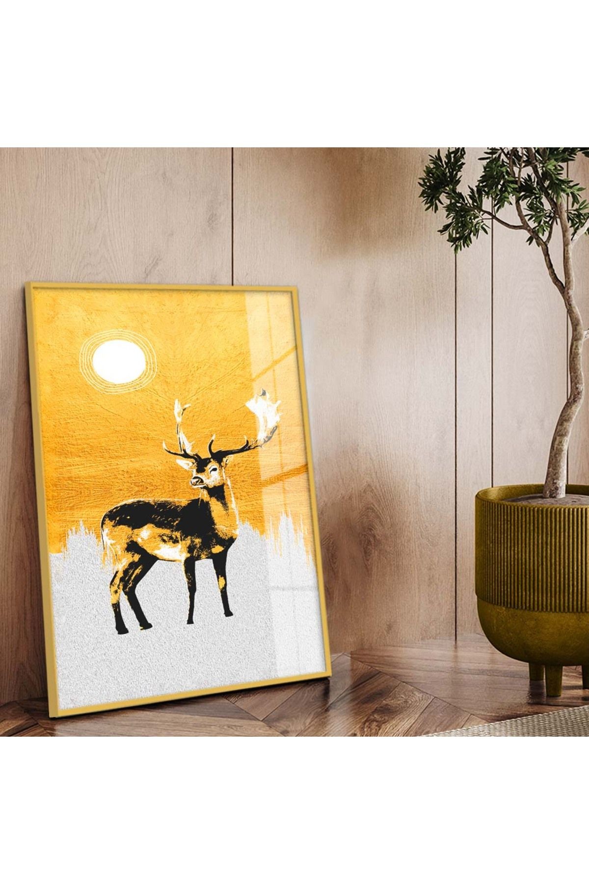 Gold Metal Çerçeveli Modern Çizim Geyik Tema Kırılmaz Cam Tablo
