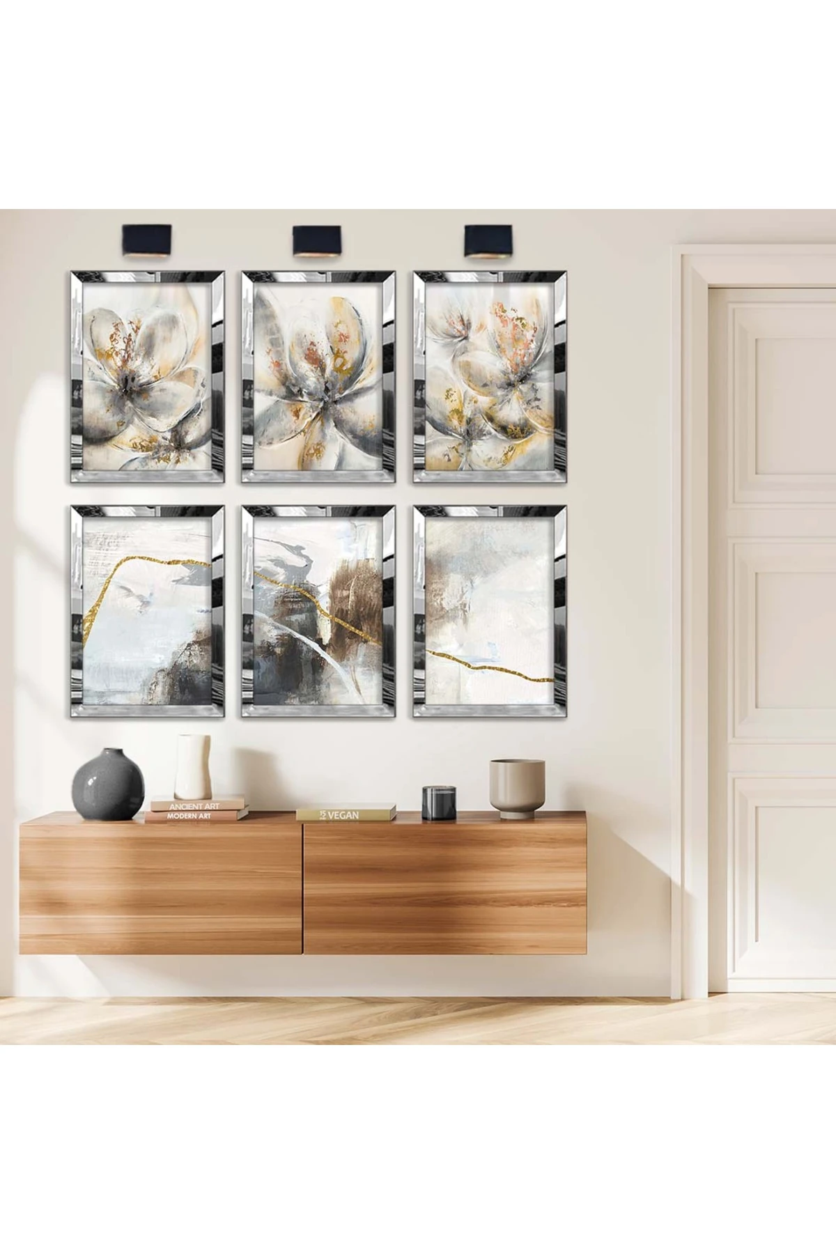 Soyut Çizim Ve Çiçek Desen 6'Lı Pleksi Kenar Solmaz MDF Tablo Seti