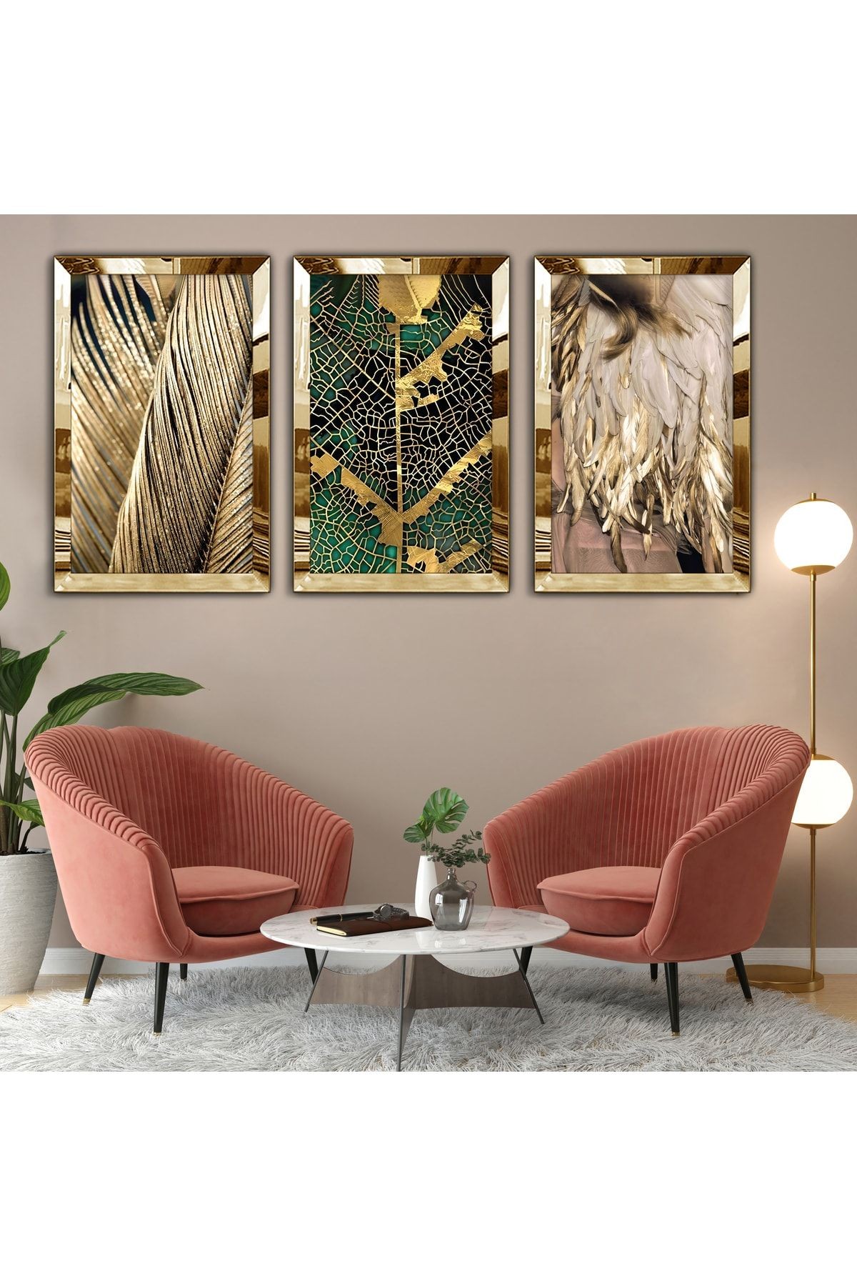 Gold Aynalı Pleksi Çerçeveli Kolaj Çizim Üçlü Mdf Tablo Seti