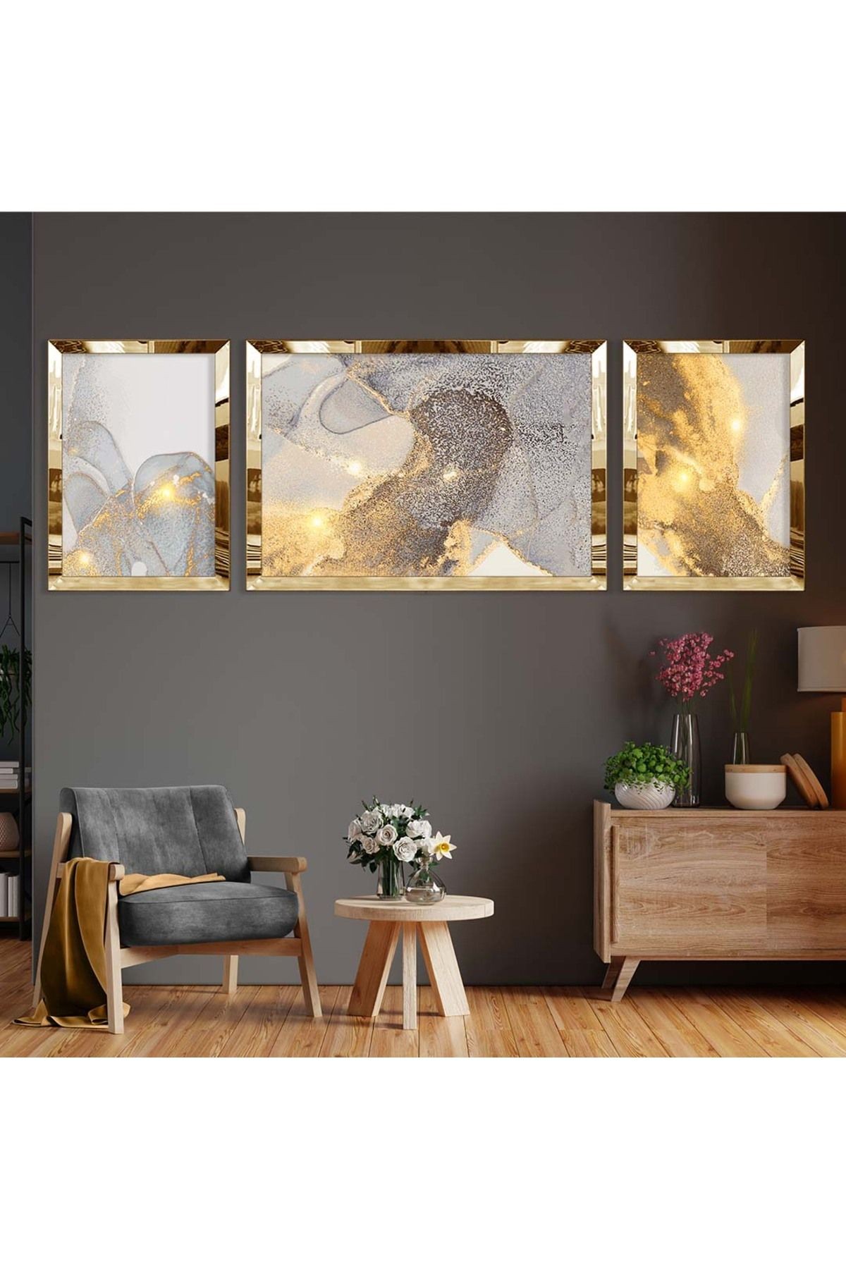 Gold Aynalı Pleksi Çerçeveli Üçlü Gri Arka Planlı Püskürtme Desenli Mdf Tablo Seti