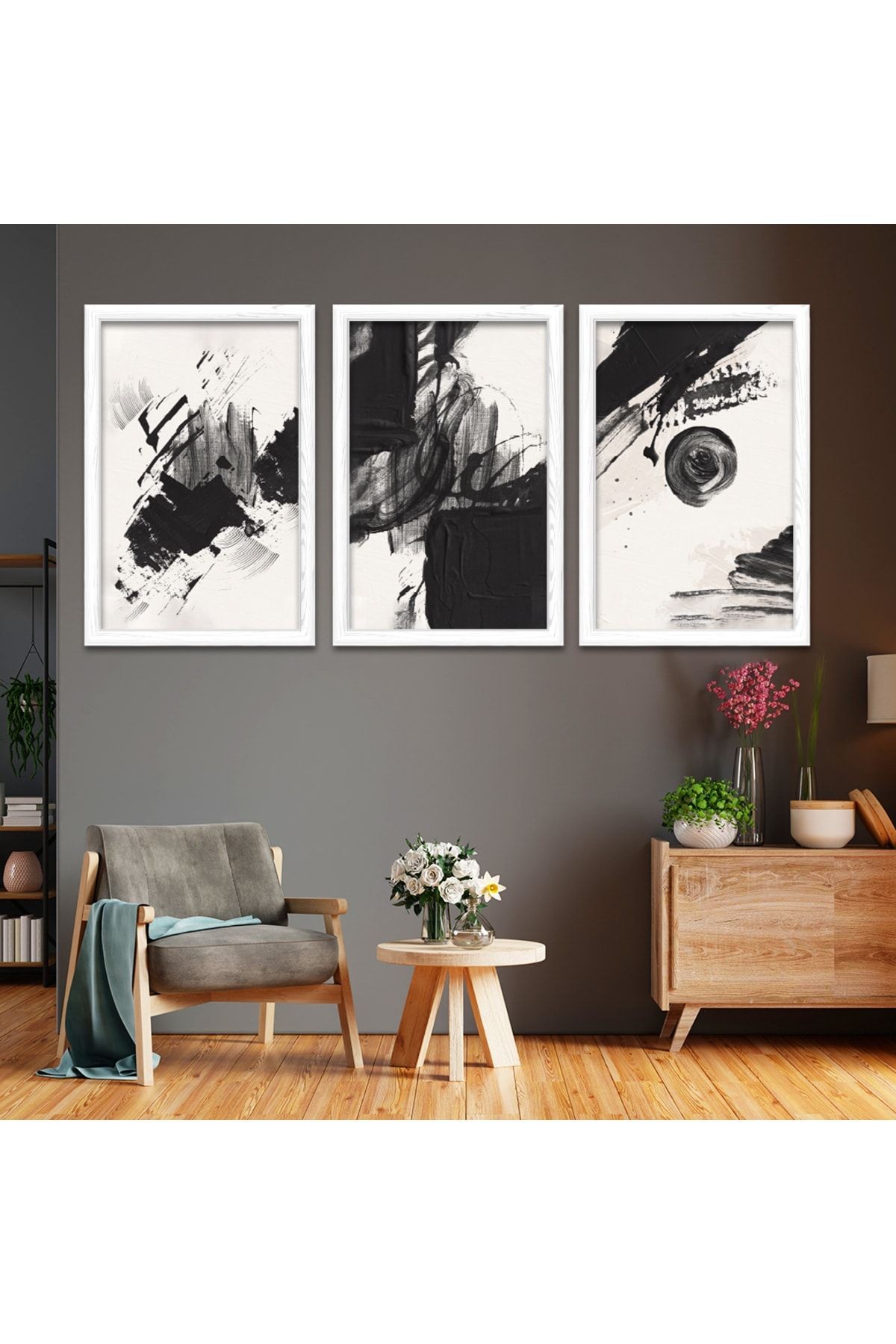 Beyaz Ahşap Çerçeveli Kolaj Çizim Modern Tablo