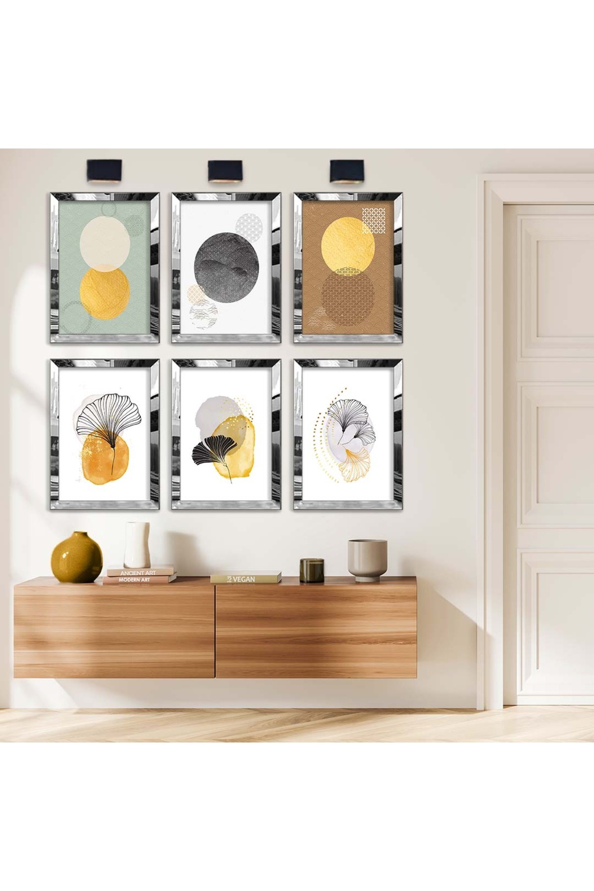 Geometrik Çizim Ve Çiçek Desen 6'Lı Pleksi Kenar Solmaz MDF Tablo Seti