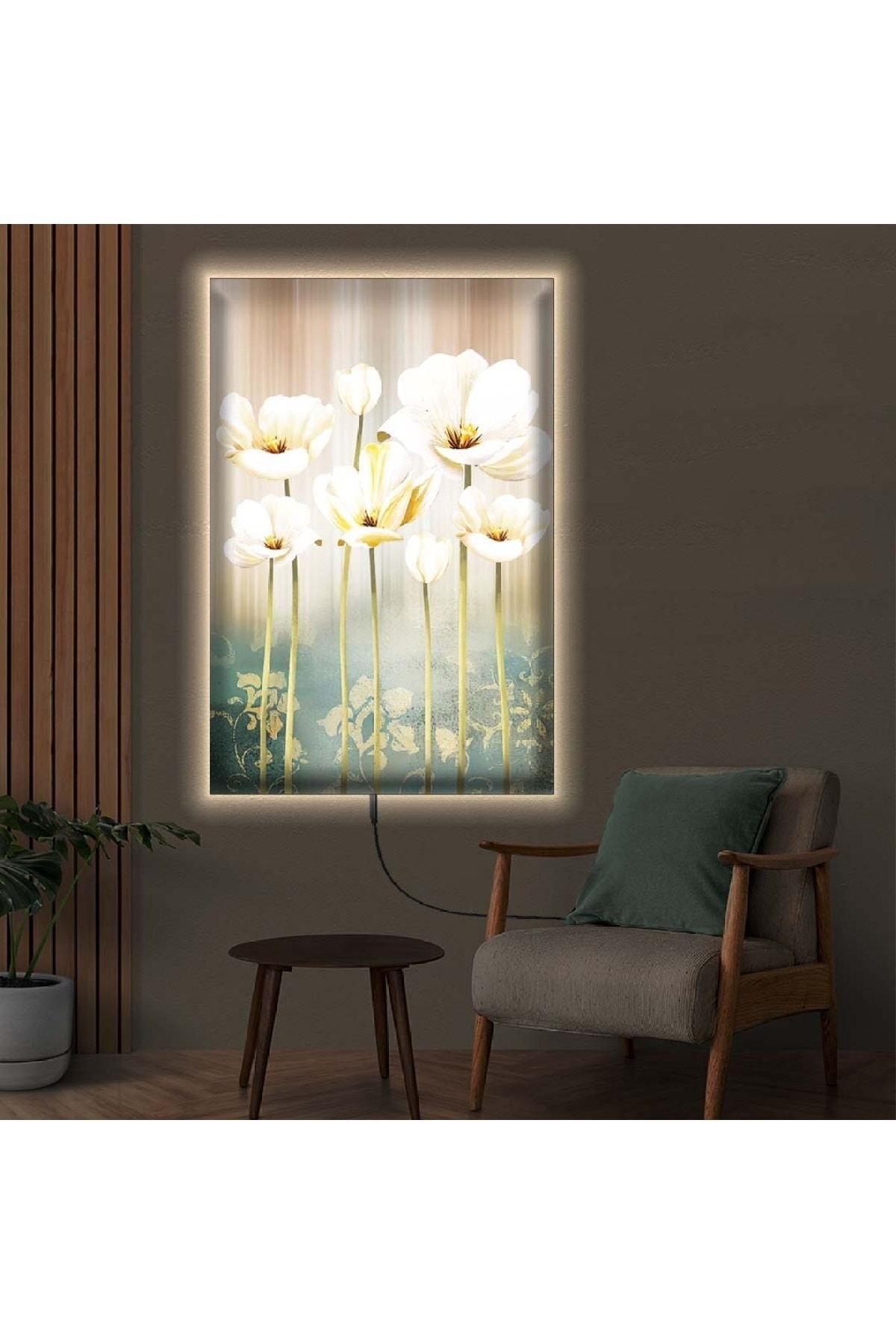 Minimal Ledli Beyaz Çiçek Ahşap Şase Dijital Baskı Kanvas Tablo 90X60Cm