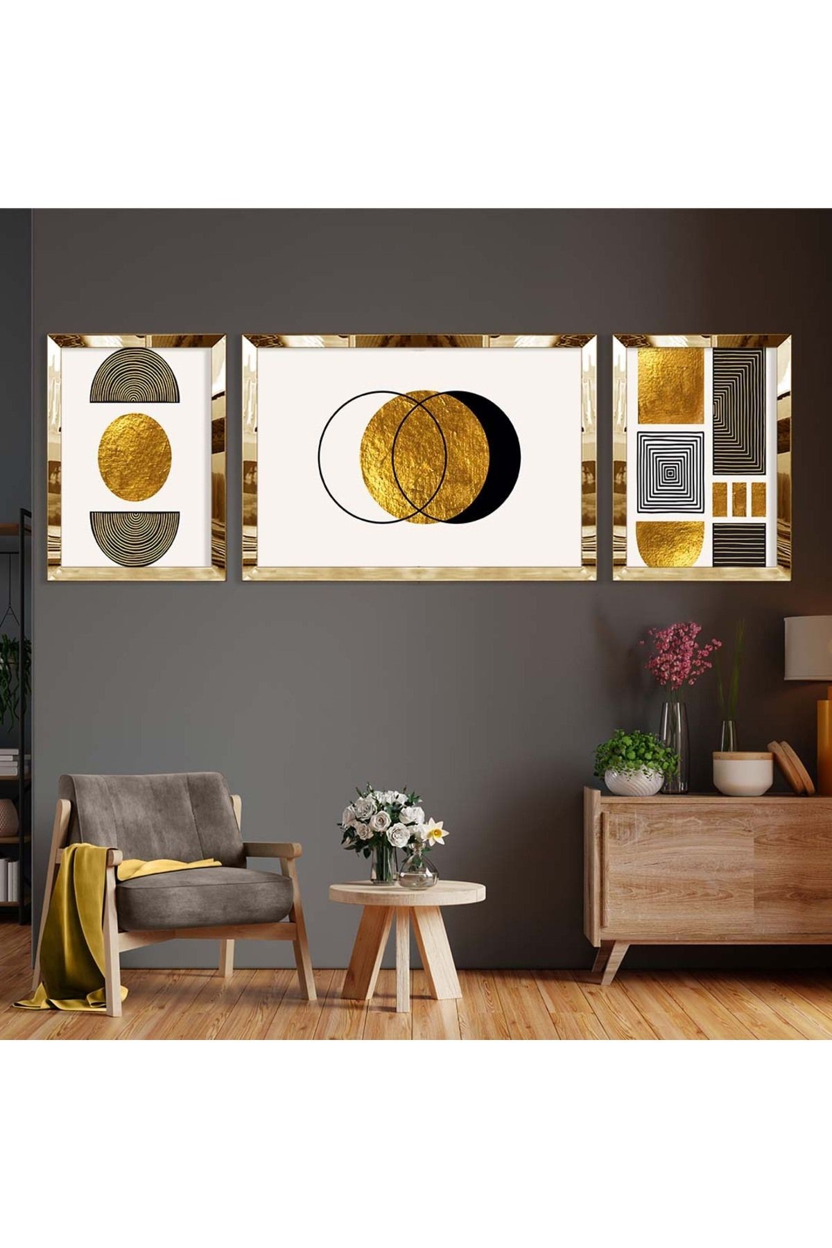 Gold Aynalı Pleksi Çerçeveli Üçlü Beyaz Arka Planlı Gold Desenli Soyut Mdf Tablo Seti