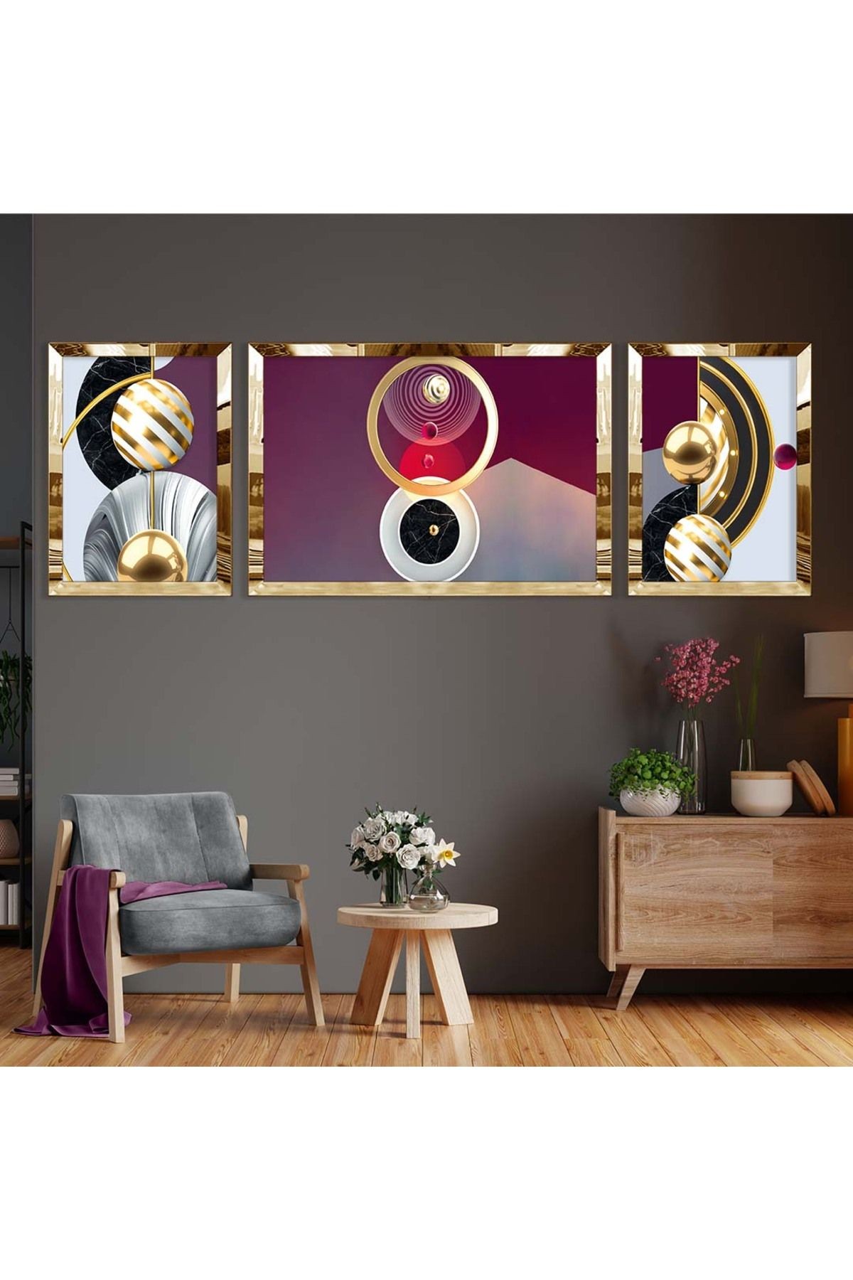 Gold Aynalı Pleksi Çerçeveli Üçlü Kırmızı Arka Planlı Gold Ve Beyaz Desenli Mdf Tablo Seti