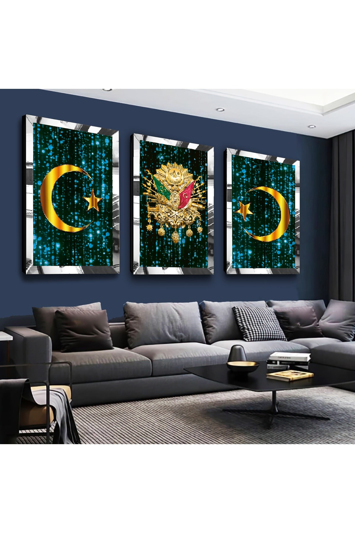 Turkuaz Osmanlı Tuğrası Gold Pleksi Kenar 3'Lü Solmaz MDF Tablo Seti