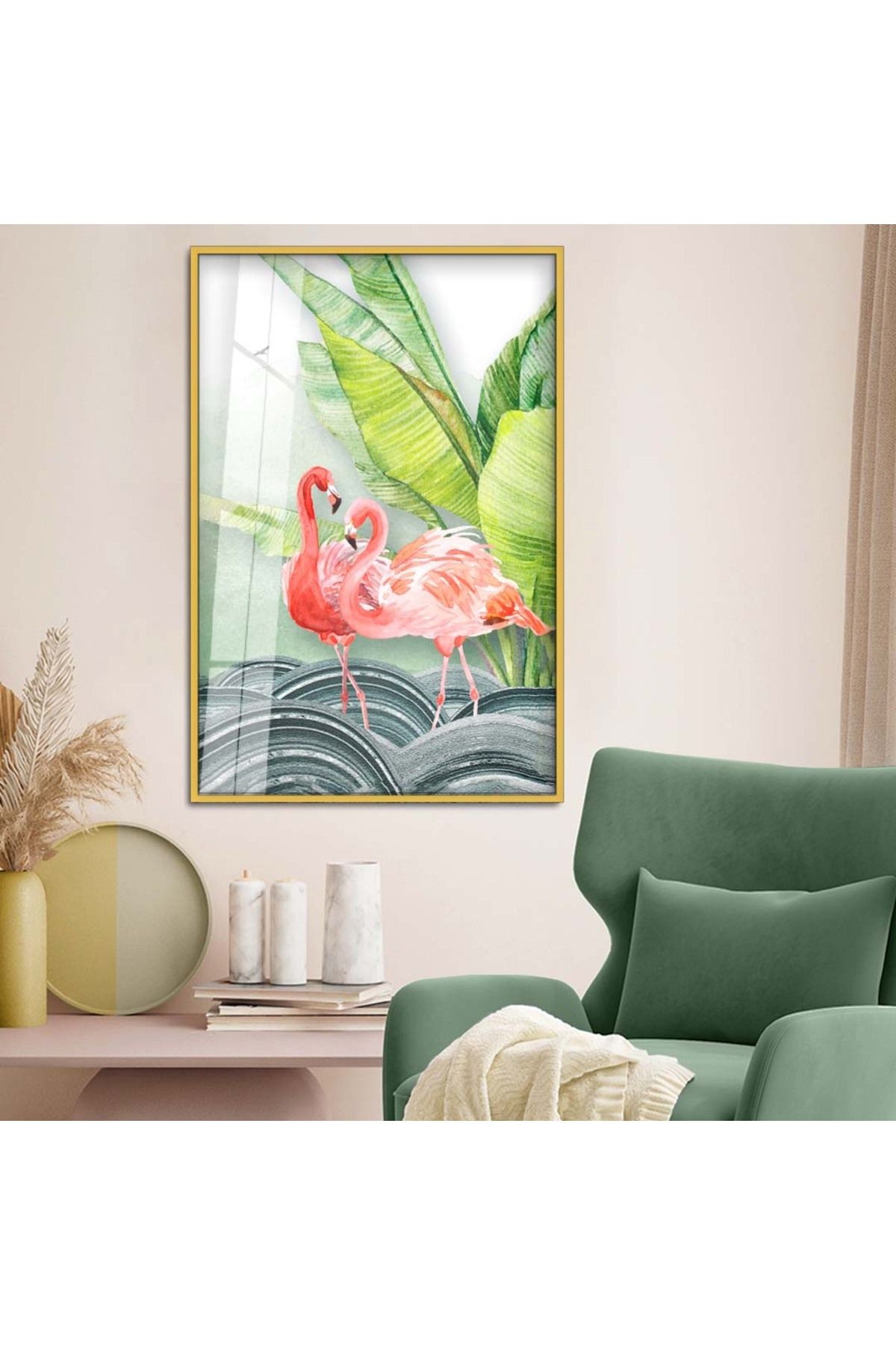 Gold Metal Çerçeveli Modern Çizim Flamingo Figür Kırılmaz Cam Tablo