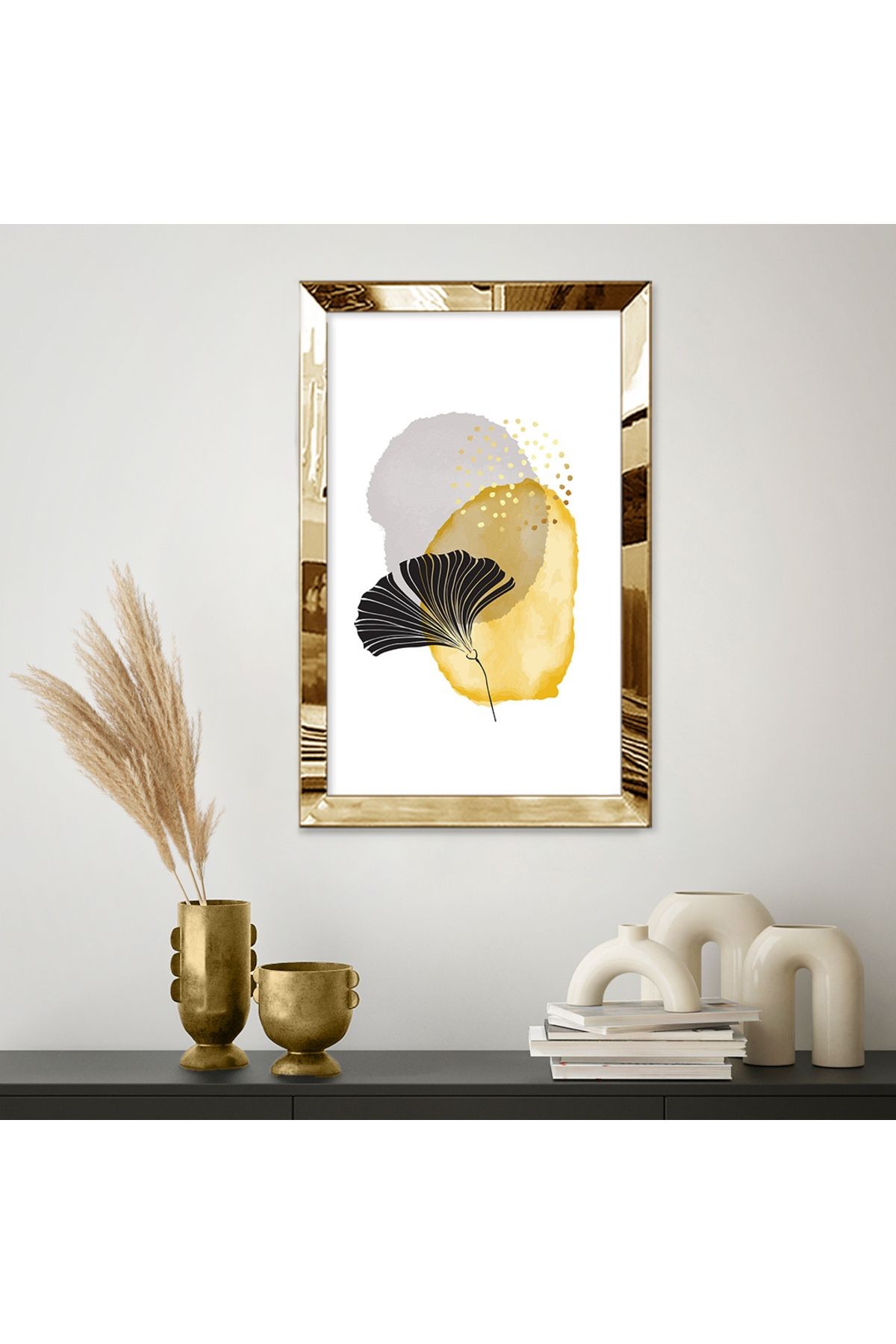 Gold Aynalı Pleksi Çerçeveli Soyut Modern Ginkgo Yaprağı Mdf Tablo