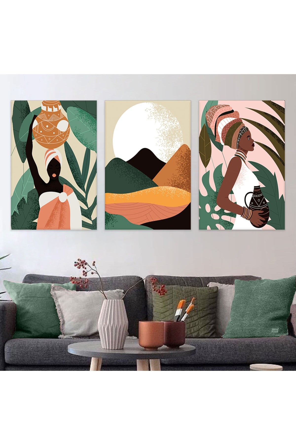 Renkli Minimalist Soyut Desen 3'Lü Ahşap Şase Dijital Baskı Kanvas Tablo