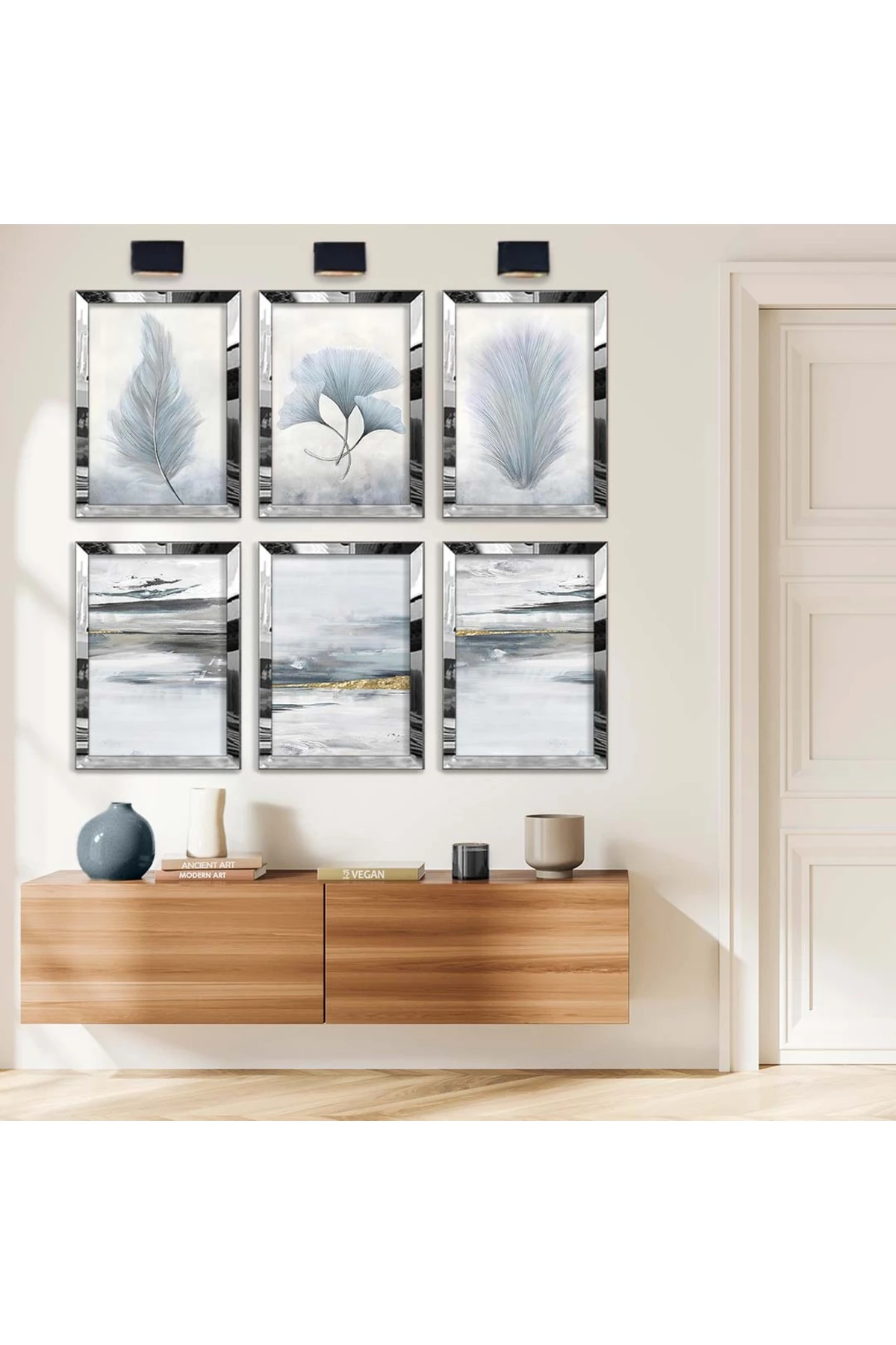 Beyaz Tüy Ve Çiçek 6'Lı Pleksi Kenar Solmaz MDF Tablo Seti