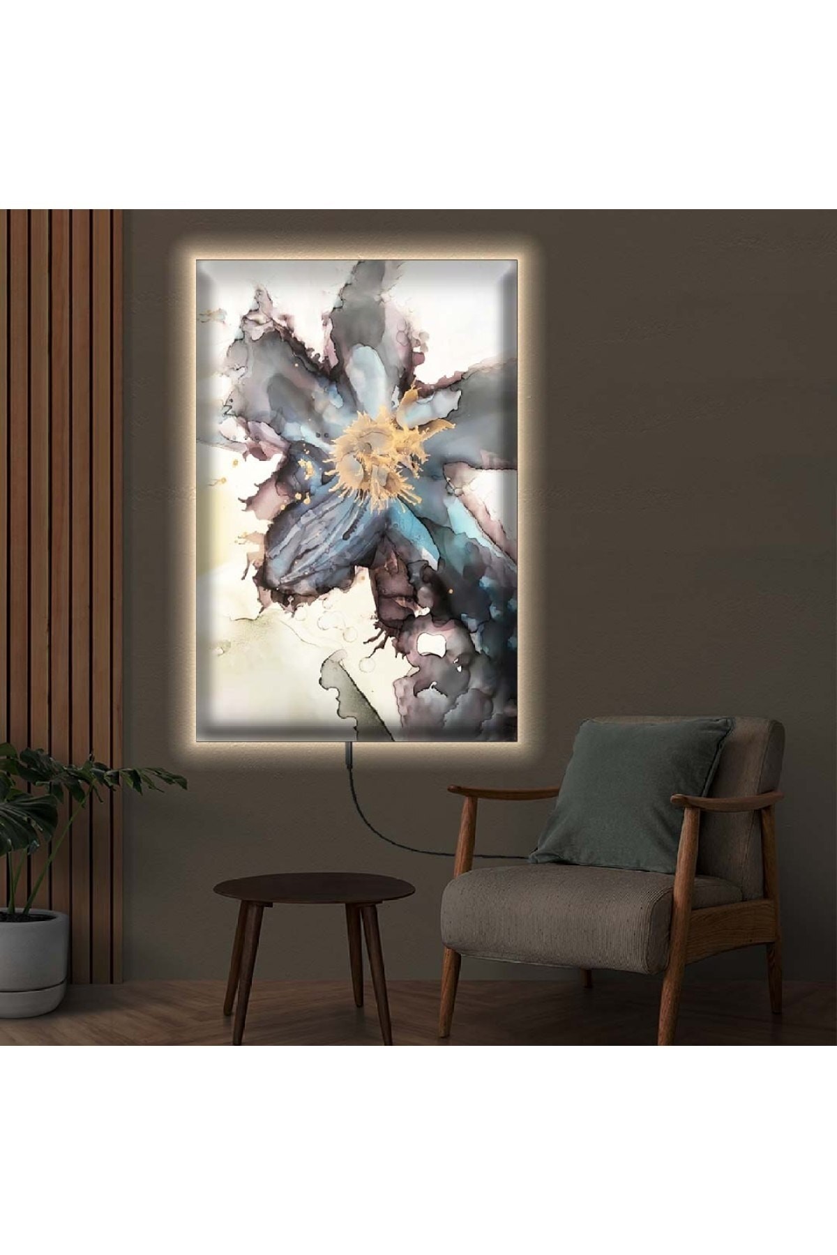 Minimalist Ledli Çiçek Desen Ahşap Şase Dijital Baskı Kanvas Tablo 50X70Cm
