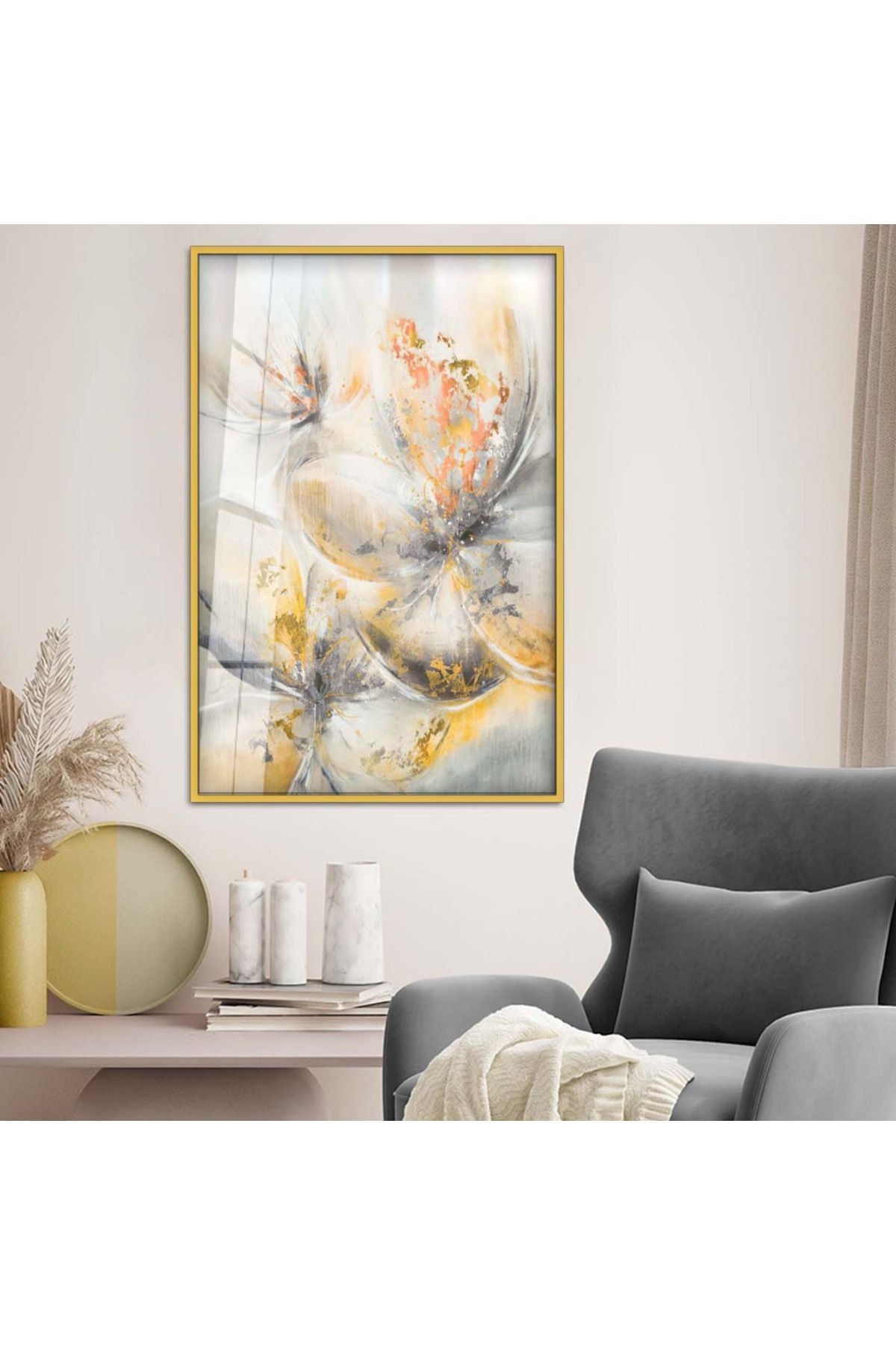 Gold Metal Çerçeveli Modern Çizim Çiçek Desen Kırılmaz Cam Tablo