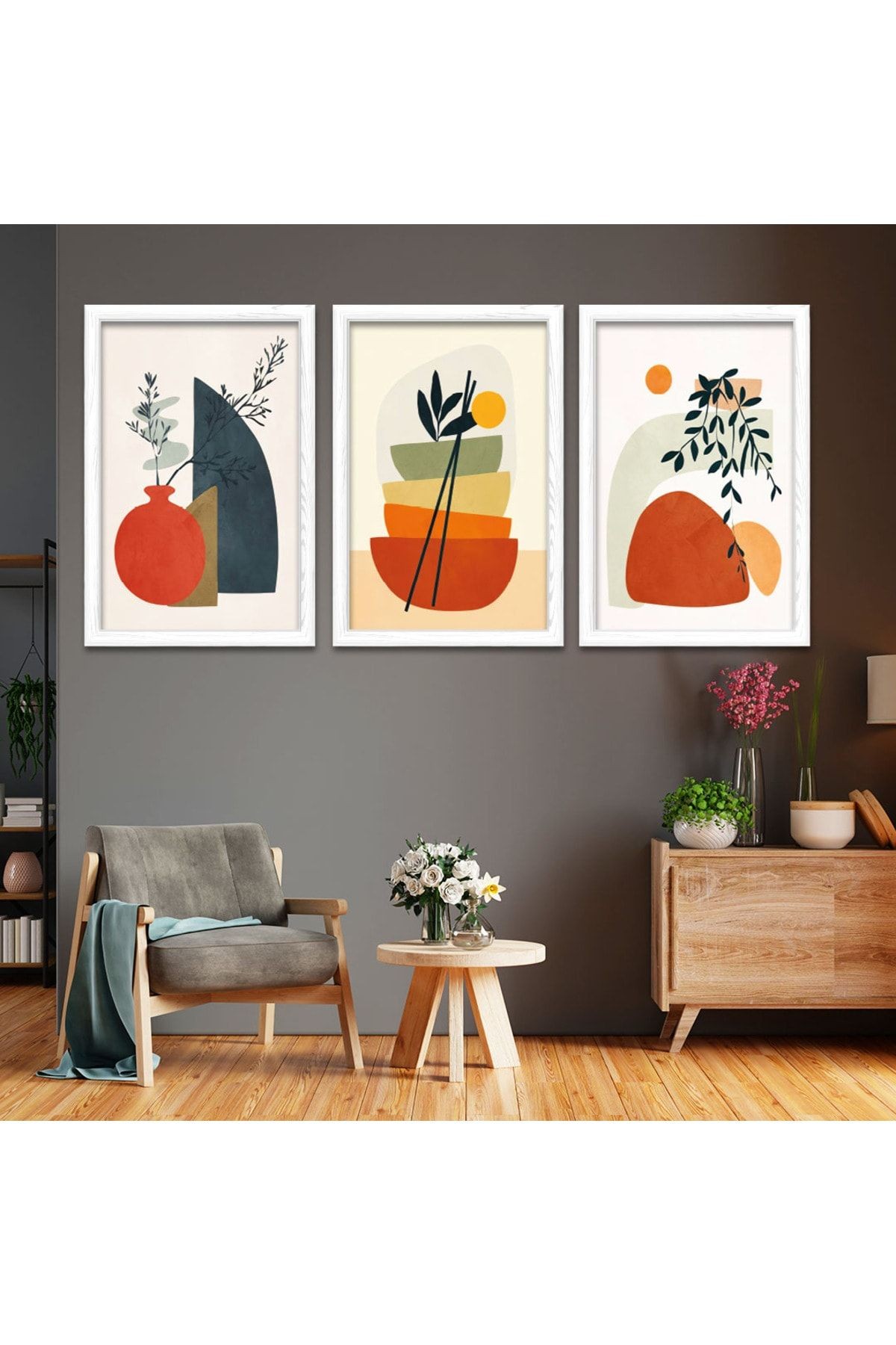 Beyaz Ahşap Çerçeveli Renkli Modern Tablo