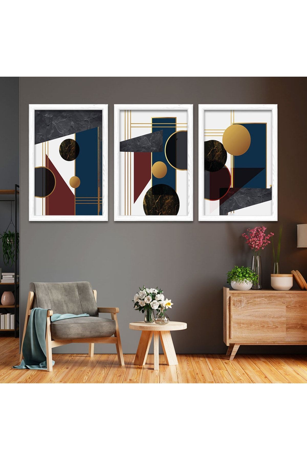 Beyaz Ahşap Çerçeveli Kolaj Çizim Modern Tablo