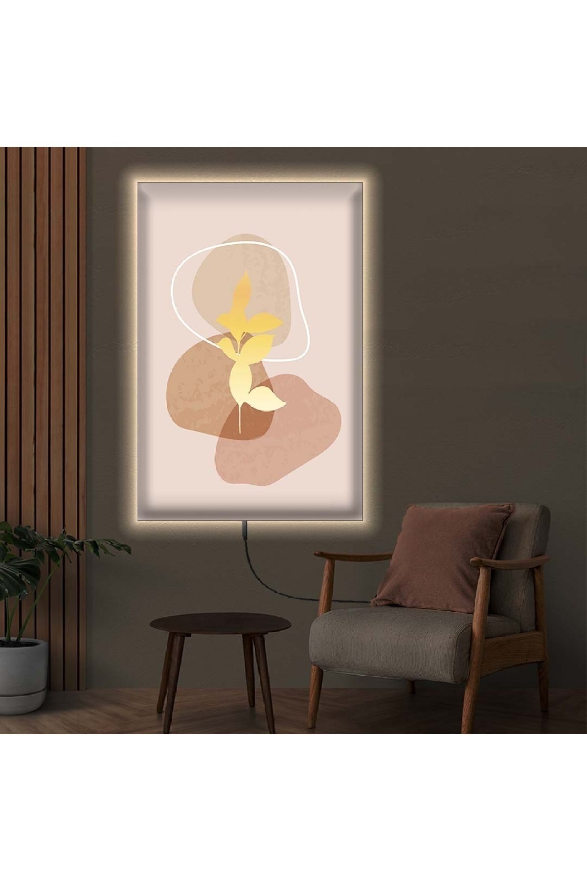 Minimal Ofis Tablosu Işıklı Ledli Soyut Desen Dijital Baskı Kanvas Tablo 90X60Cm