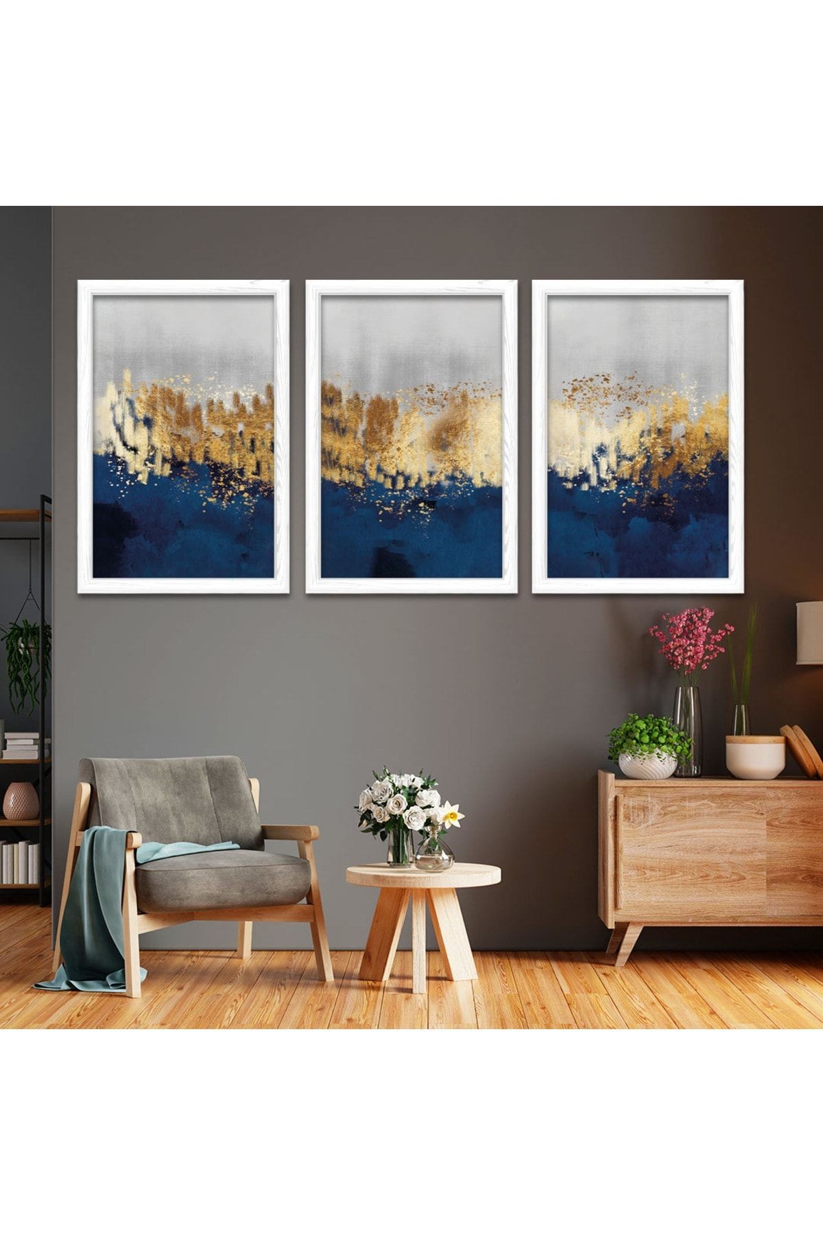 Beyaz Ahşap Çerçeveli Kolaj Çizim Modern Tablo