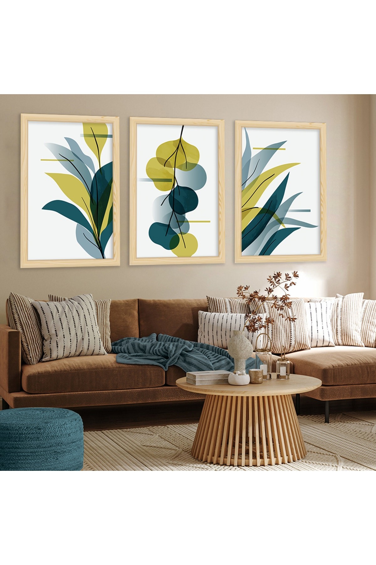 Tasarım Salon Tablosu Ahşap Çerçeveli Kolaj Çizim Modern Tablo