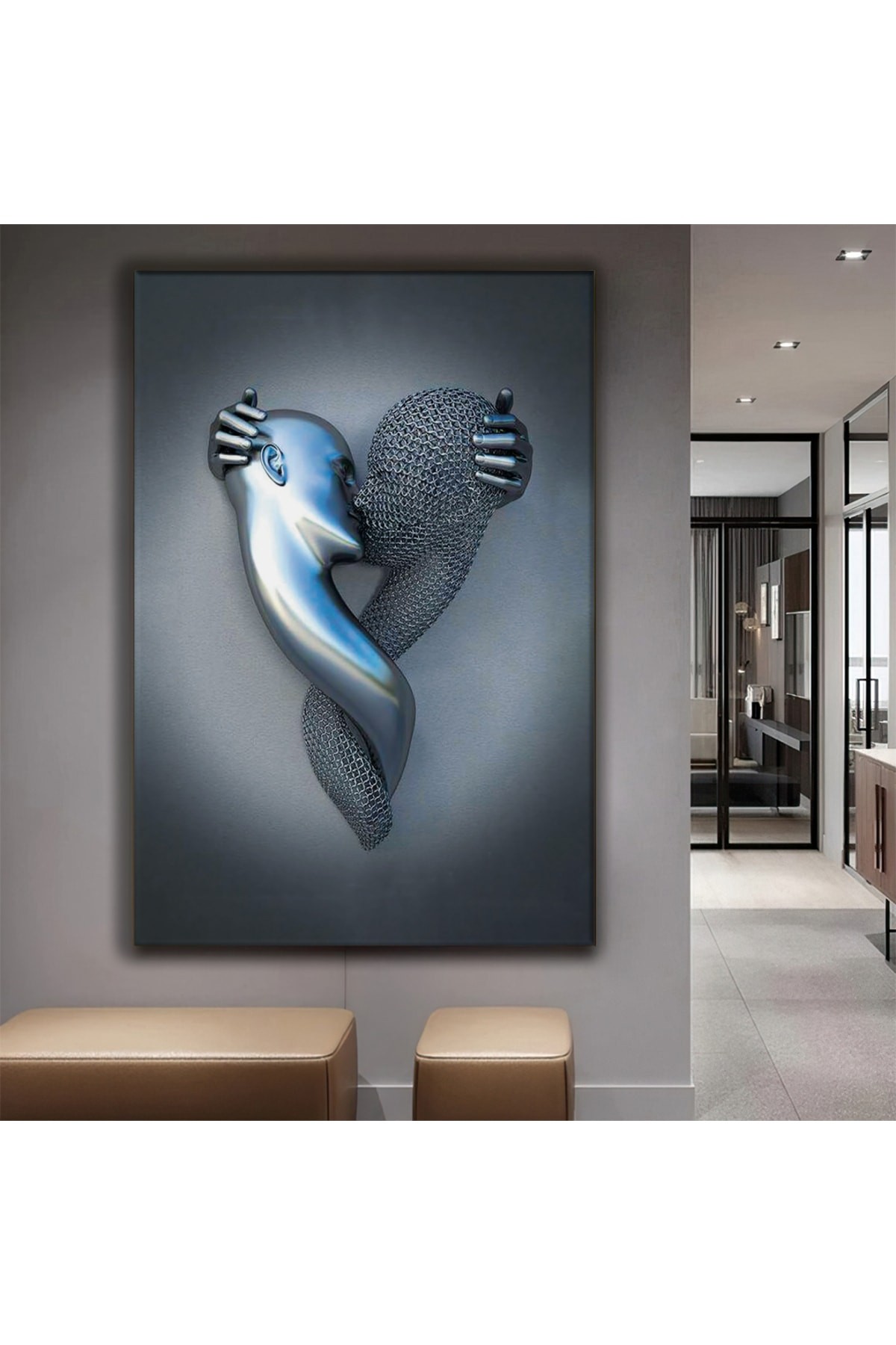 KANVAS GRİ ARKA PLANLI HEYKEL SANAT AŞK TABLO