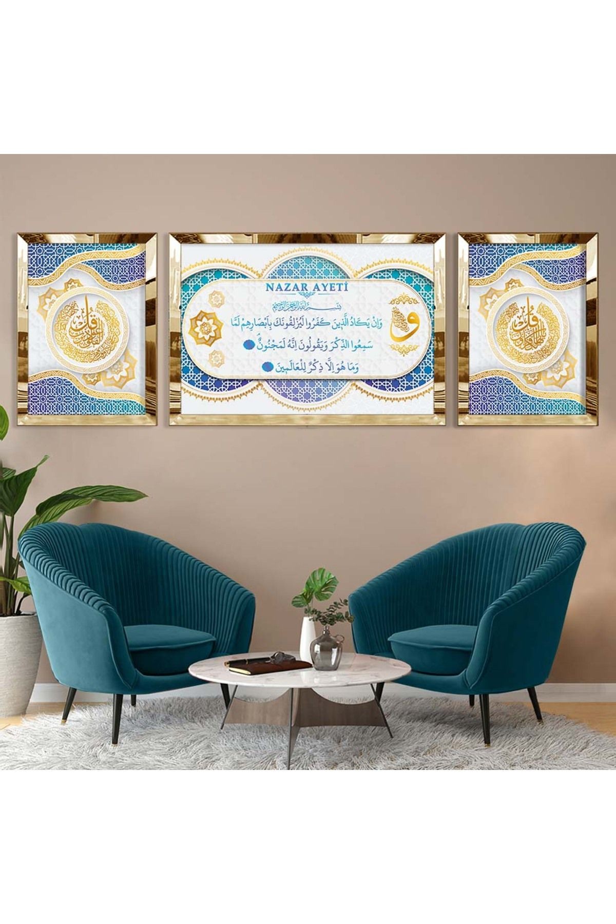 Gold Aynalı Pleksi Çerçeveli Üçlü Altın Hat Sanatı Nazar Ayeti Mdf Tablo Seti