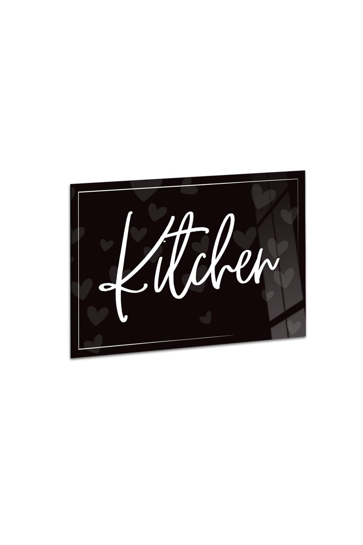 Ocak Arkası Temperli Cam Siyah Arka Planlı Kalpli "Kitchen" Yazılı