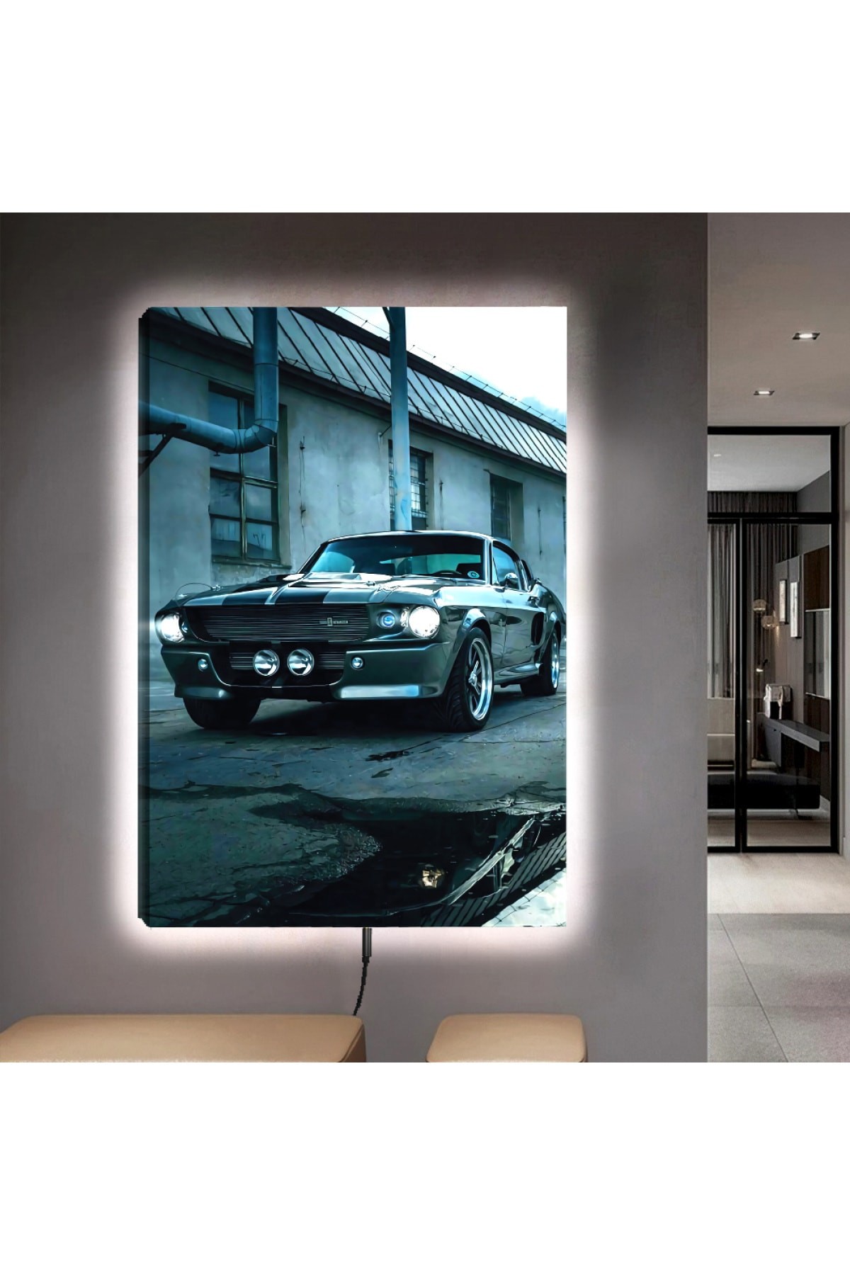 Salon Tablosu Ledli Spor Araba Ahşap Şase Dijital Baskı Kanvas Tablo 90X60Cm