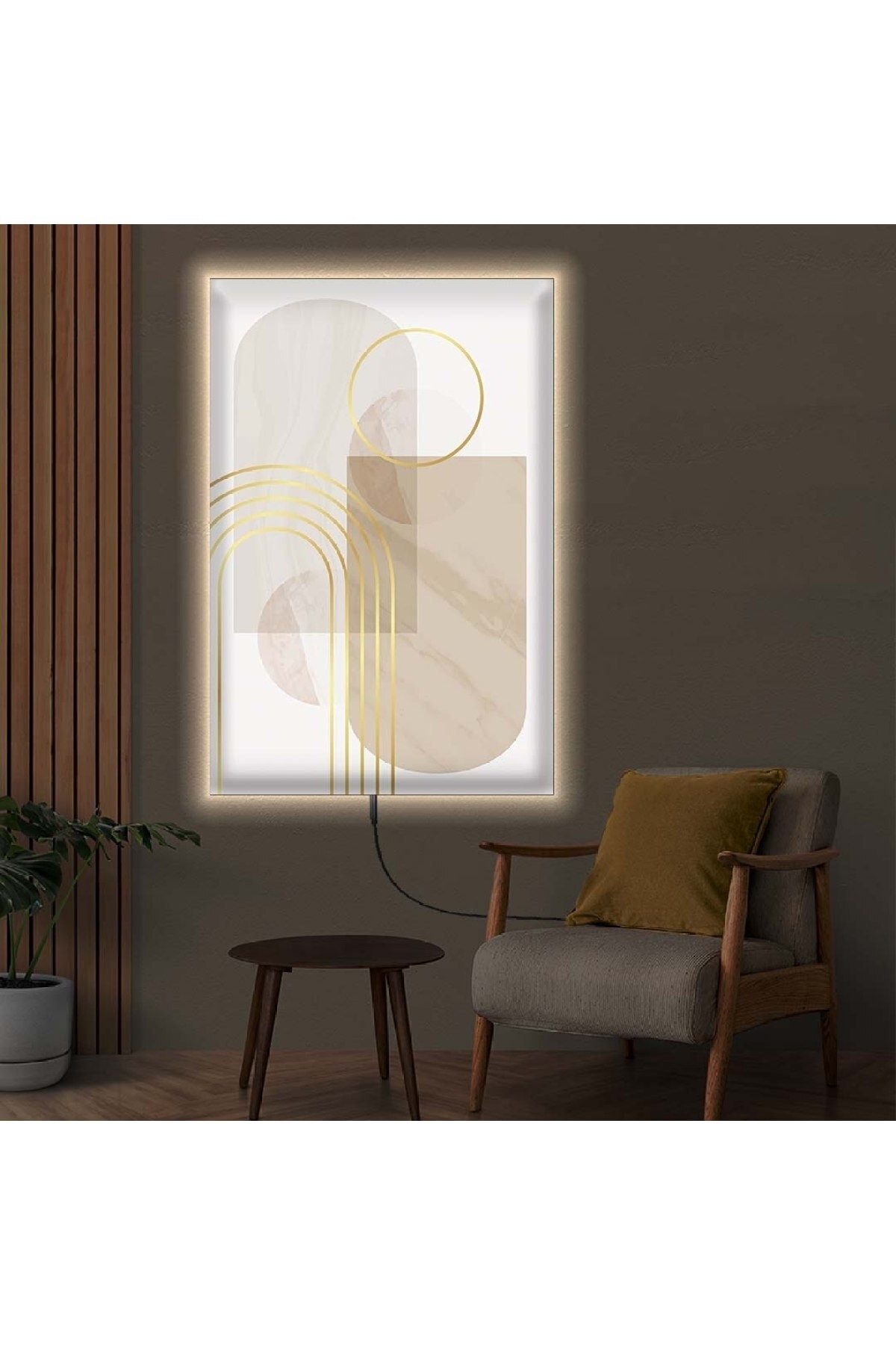 Minimal Modern Ledli Soyut Desen Ahşap Şase Dijital Baskı Kanvas Tablo 50X70Cm
