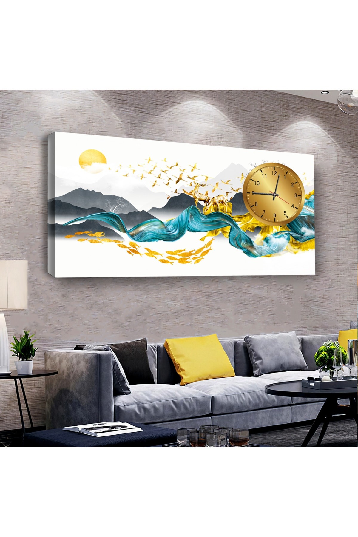 Tasarım Kolaj Çizim saatliAhşap Şase Dijital Baskı Kanvas Tablo 100X50Cm