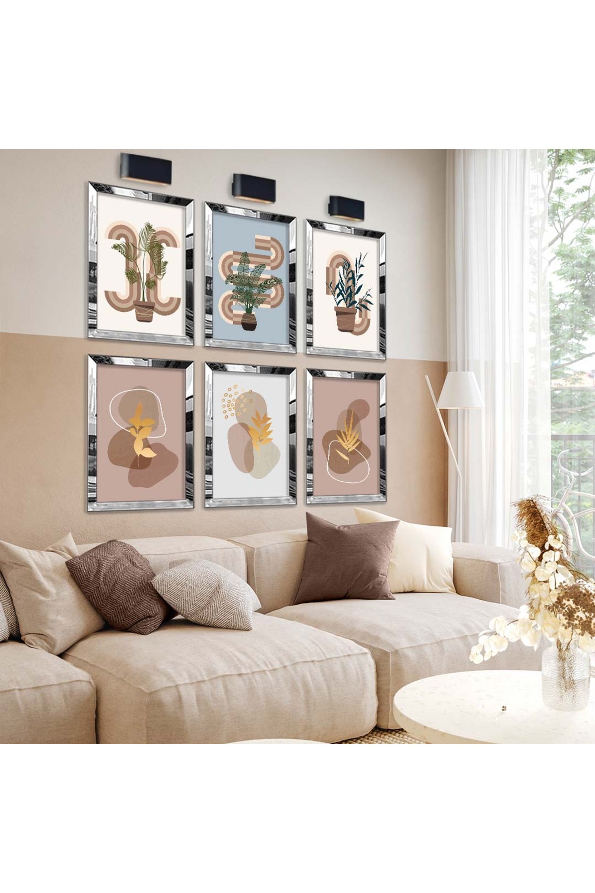 Modern Çizim Bitki 6'Lı Pleksi Kenar Solmaz MDF Tablo Seti