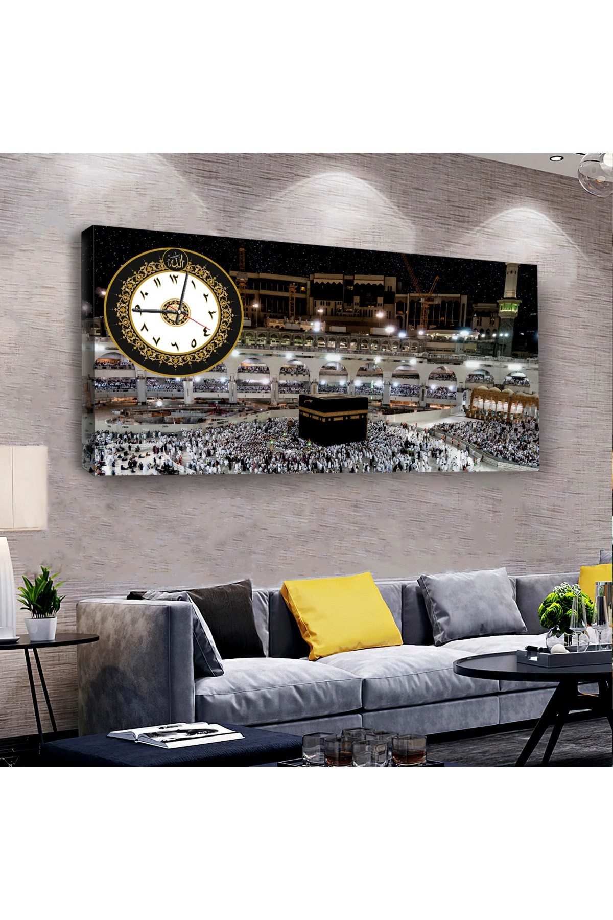 Manevi Tablo Kabe Dini saatliAhşap Şase Dijital Baskı Kanvas Tablo 100X50Cm