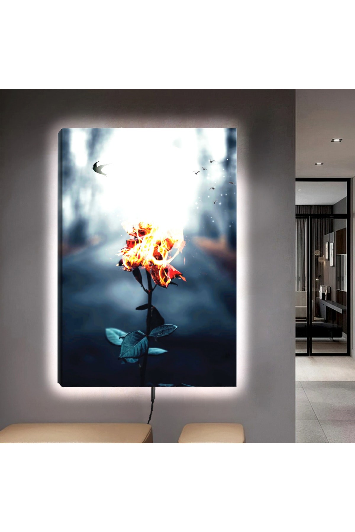 Modern Ledli Çiçek Ahşap Şase Dijital Baskı Kanvas Tablo 90X60Cm