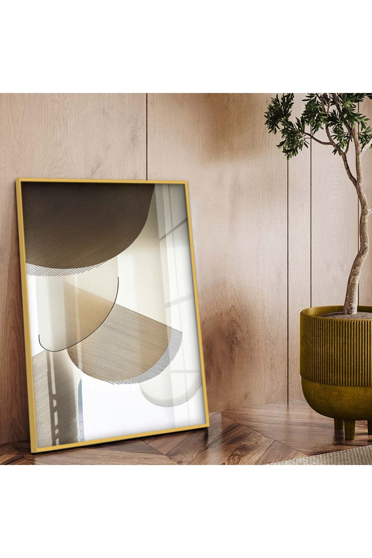 Gold Metal Çerçeveli Modern Çizim Soyut Tema Kırılmaz Cam Tablo