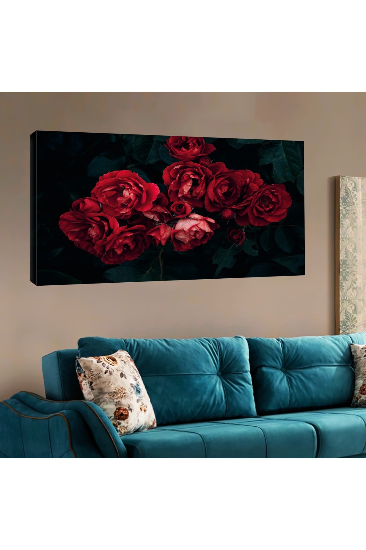 Kırmızı Güller Ahşap Şase Dijital Baskı Kanvas Tablo 120X60Cm