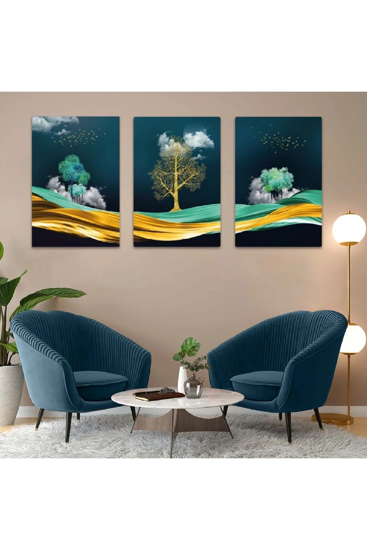 Minimal Sanat Tablosu Soyut Desen 3'Lü Solmaz MDF Tablo Set