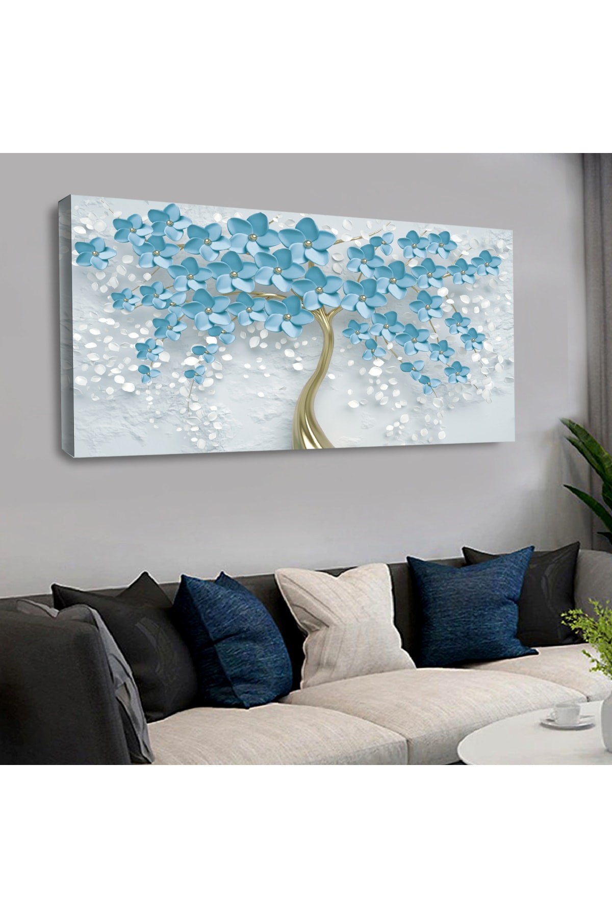 Ahşap Şase Dijital Baskı Kanvas Mavi Çiçek Tablo 120X60Cm