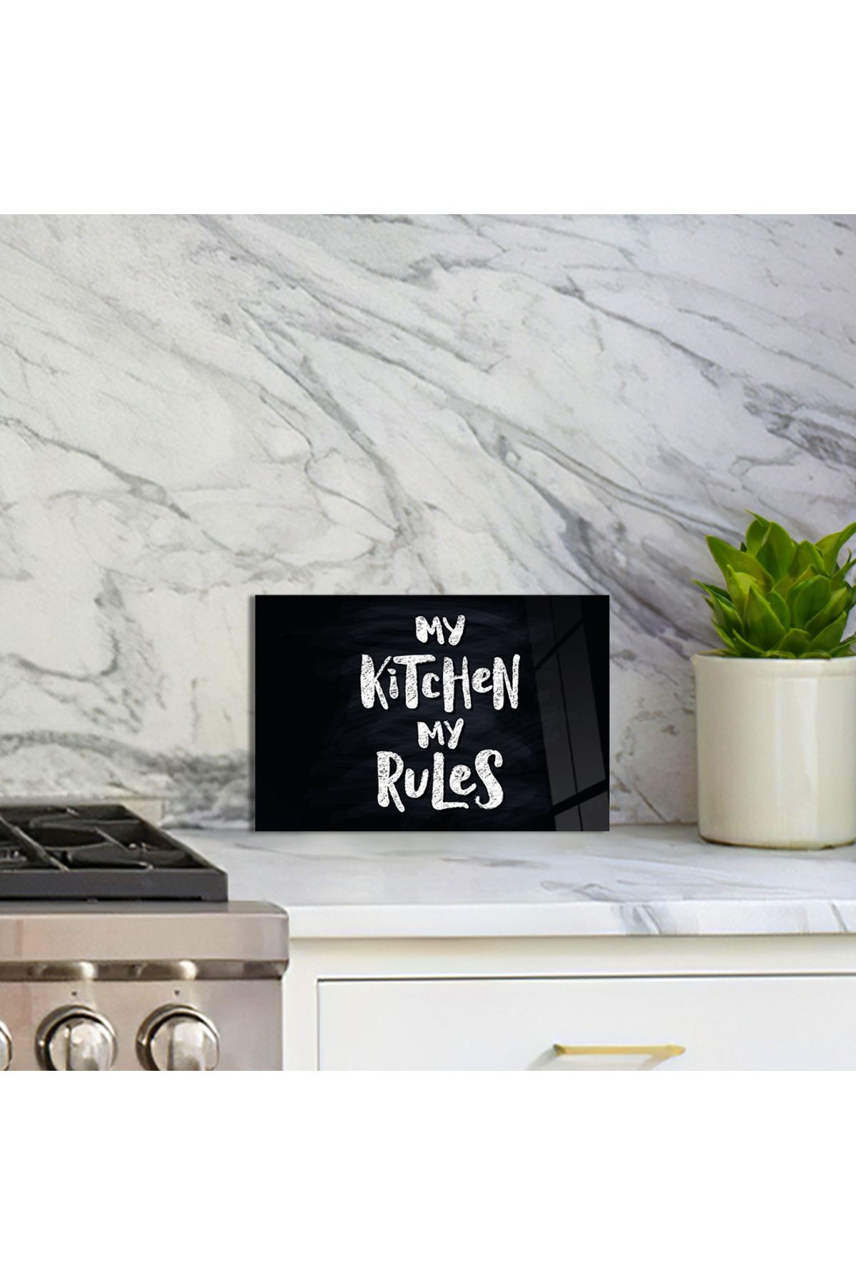 Cam Kesme Tahtası Siyah Arka Planlı "My Kitchen My Rules" Yazılı