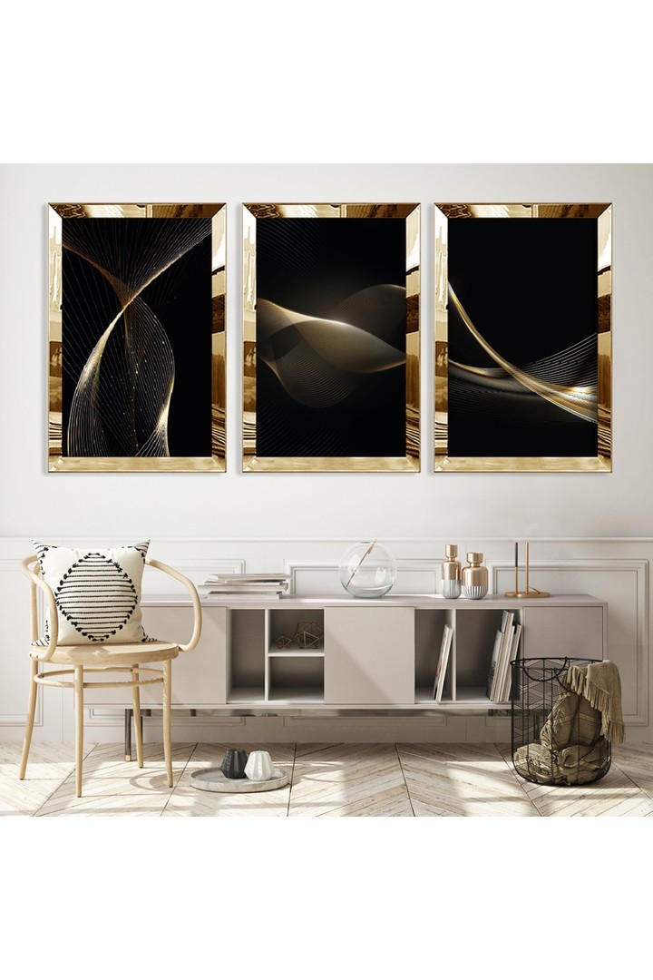 Minimalist Siyah Renk Gold Pleksili Saat Ve Solmaz MDF Tablo